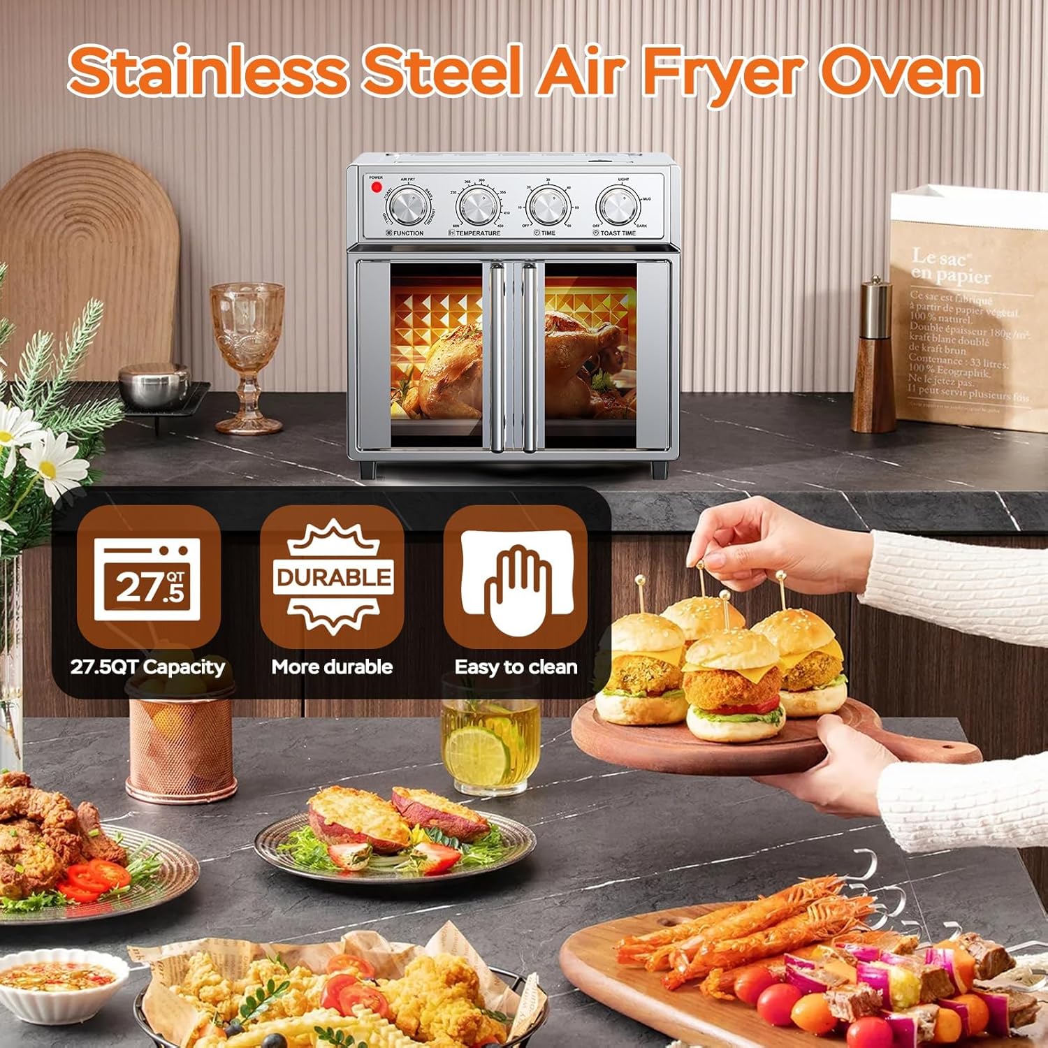 27.5QT French Door Air Fryer Toaster Oven Combo, Countertop Oven for 4 to 6 Family, Stainless Steel Large Toaster Oven for Baking, Roasting, Includes Accessories,Stainless Steel