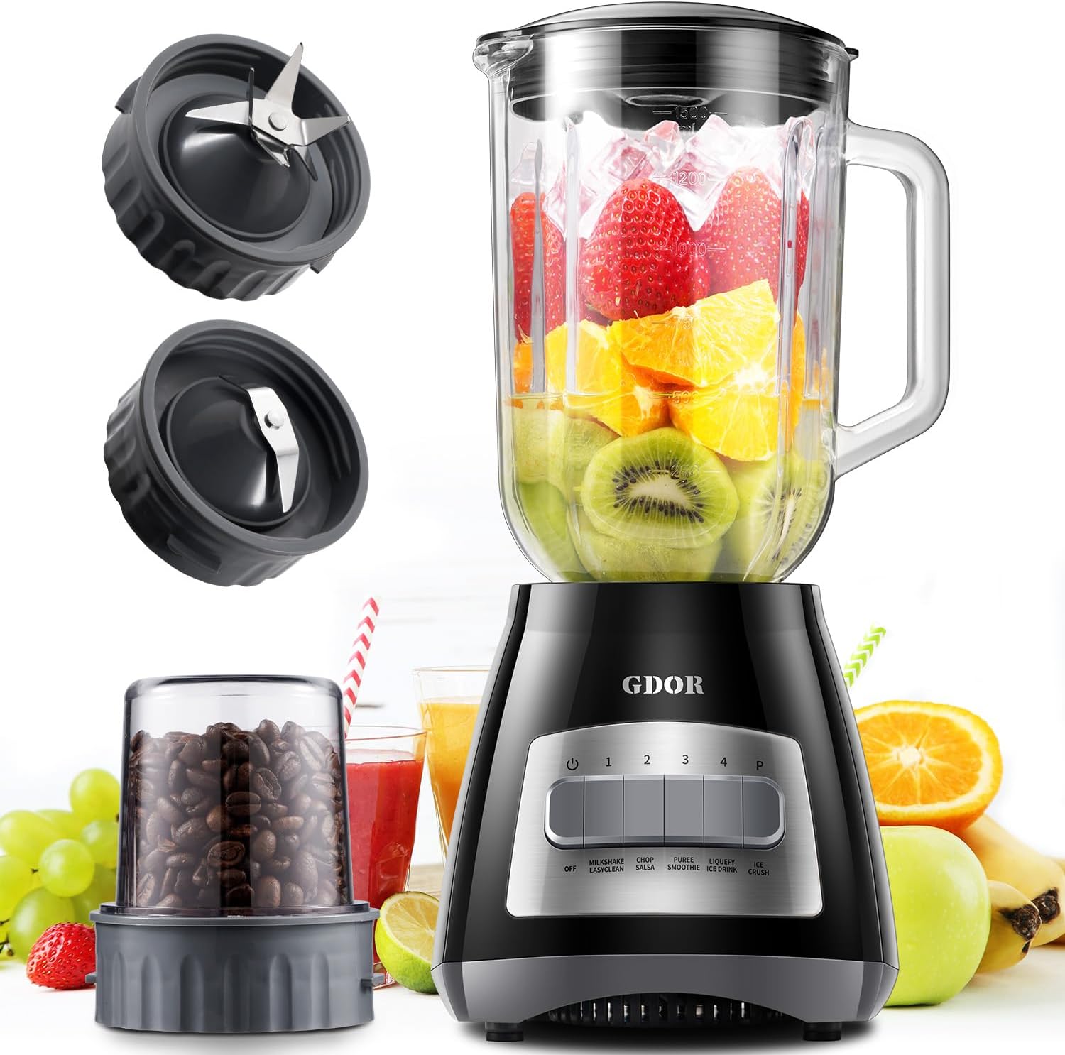 GDOR Blender, 52 Oz Glass Jar, Multi-Function Kitchen Blender & Grinder Combo, 9 Functions with Shakes, Puree, Crush Ice, and Chop, Max 700W, Self Cleaning