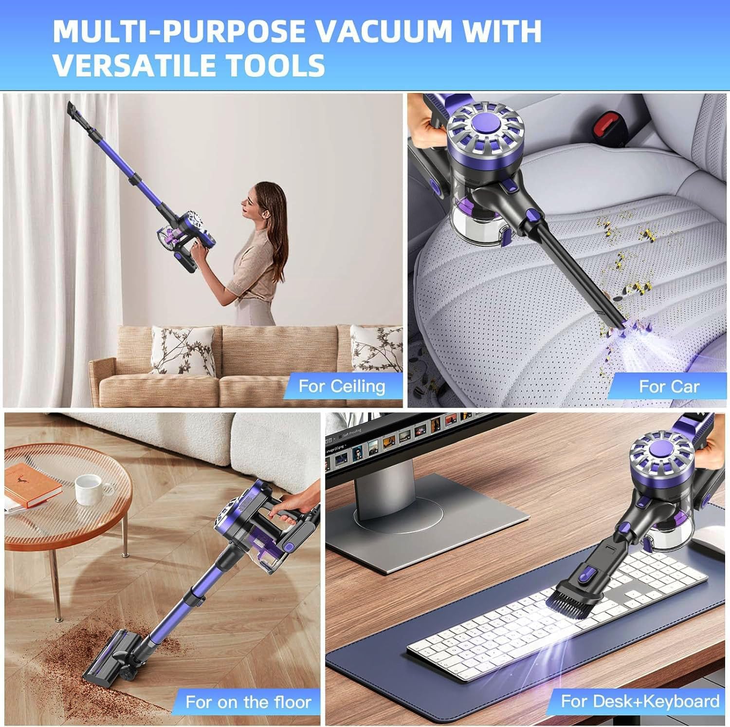 Cordless Vacuum Cleaner,Vacuum Cleaners for Home with Super Suction,Lightweight Stick Vacuum with 35 Mins Runtime,Rechargeable Cordless Vacuum for Carpet, Tile, Pet Hair, Hardwood Floors(Dark Purple)