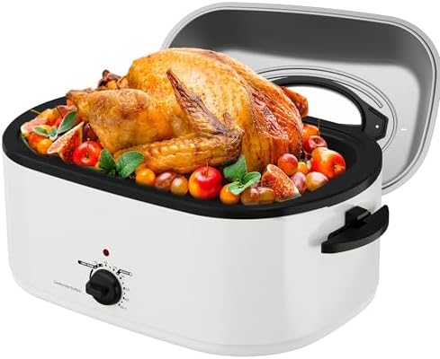 Sunvivi 24 Quart Electric Roaster Oven with Visible Self-Basting Lid, Turkey Roaster Oven with Removable Pan and Rack, Perfect for Large Meals and Holiday Feasts, White