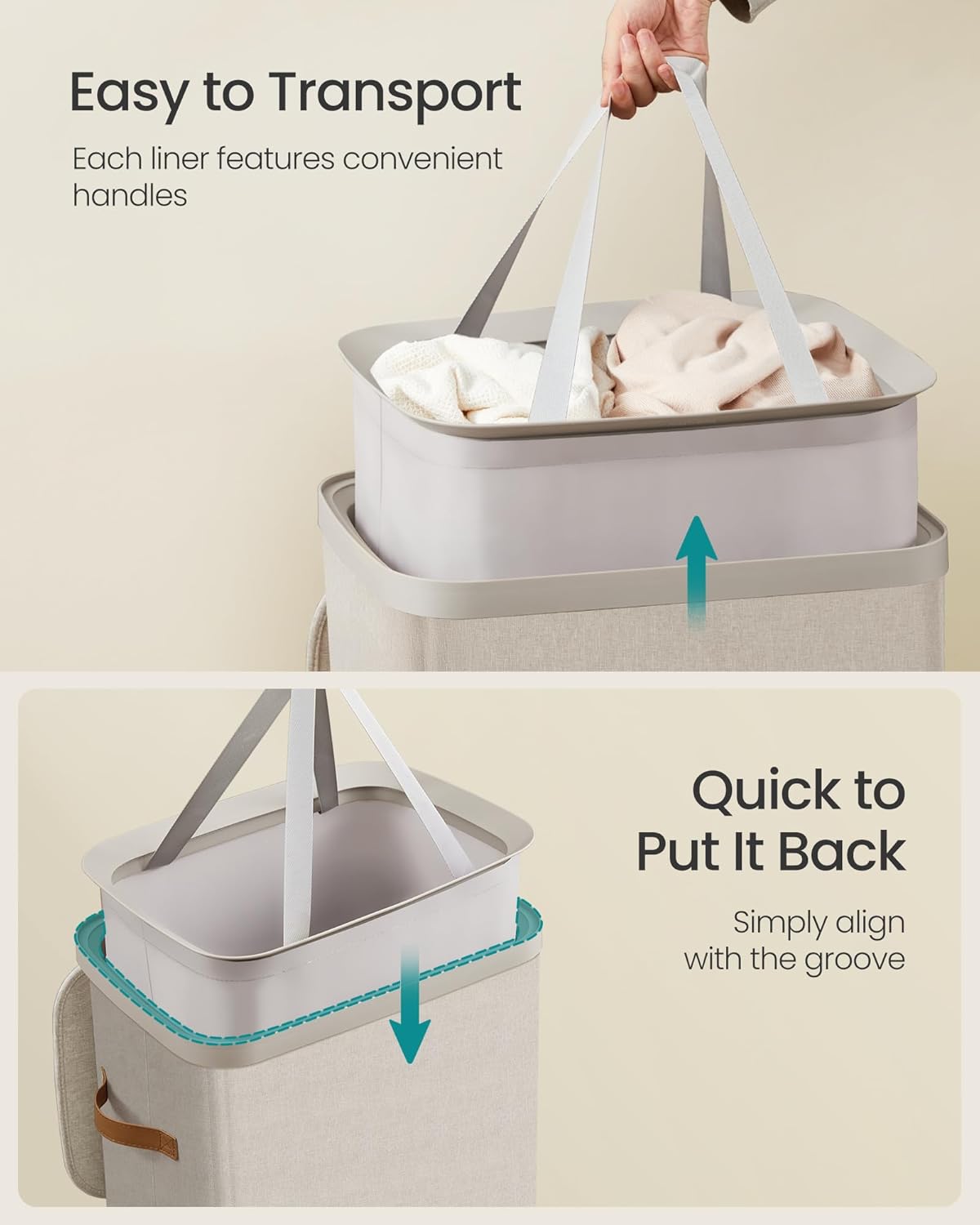 SONGMICS Laundry Basket, 26.4 Gal. Laundry Hamper, Easy Assembly, with Lid and Handles, Removable Liner, 16.5 x 12.6 x 29.5 Inches, Cappuccino Beige ULCB811LH01