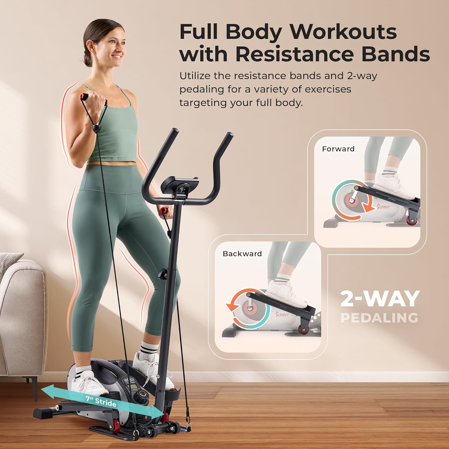 Sunny Health & Fitness Under Desk Elliptical Machine, Portable Sitting or Stand Peddler Exerciser for Seniors Home Office, SunnyFit App Access via Bluetooth with Optional Handlebar or Resistance Band
