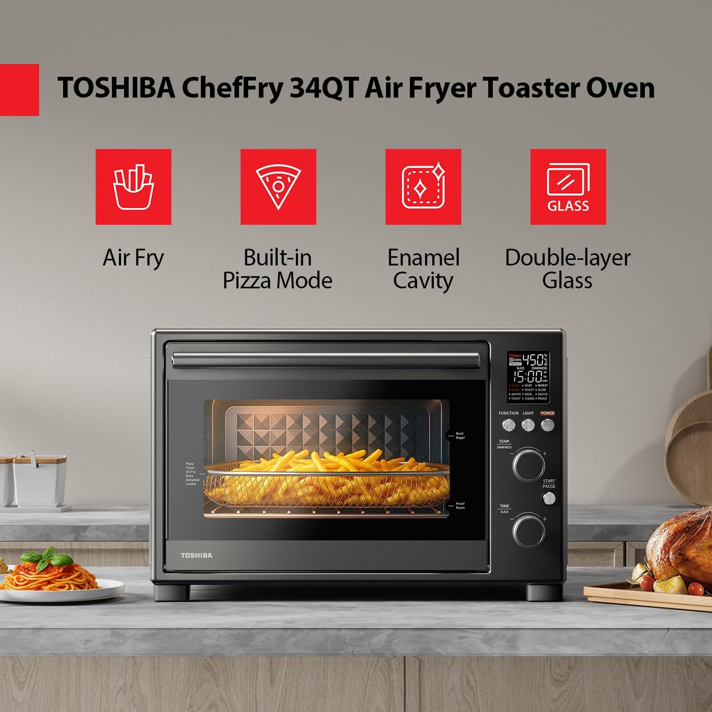 TOSHIBA ChefFry Air Fryer Toaster Oven Combo, 12-in-1 Convection Countertop Oven, 34QT / 32L Large Capacity, 1750W, Master Pizza Modes Design with Exclusive Dual-Temp Tech