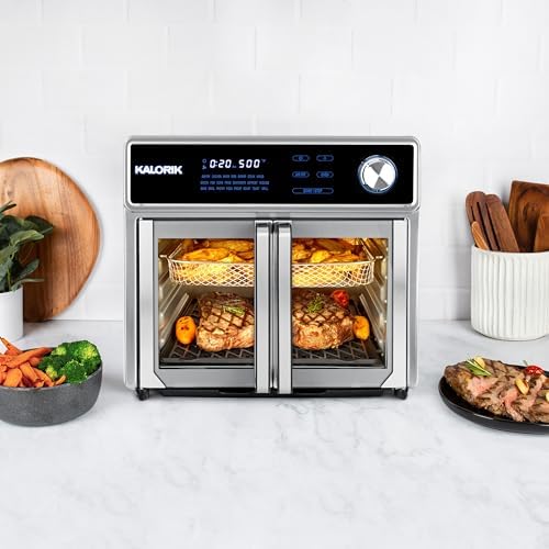 Kalorik Air Fryer Oven Grill MAXX Series 26-Quart with Smokeless Sear Technology Digital Controls Easy-View Door and 22 Smart Cooking Presets, Includes Cooking Accessories, 1700-Watts, Stainless Steel