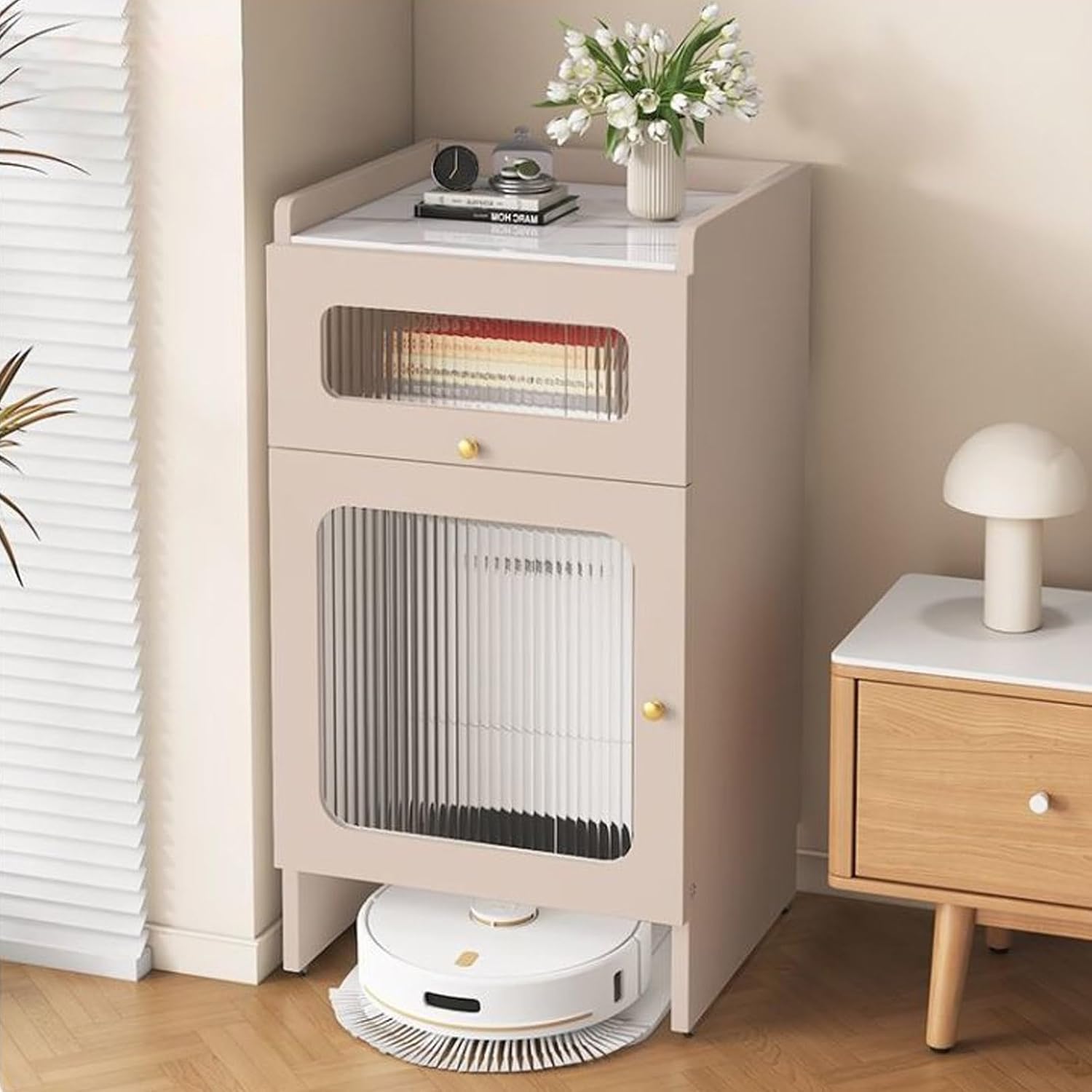 Mobile Storage Cabinet Corner Hidden Robot Vacuum Stand for Self-Emptying Robot Vacuum and Mop Storage Cabinet with Drawers Wood Accent End Table Wheels Home Living Room(Champagne,19.6x15.7x36.6in)