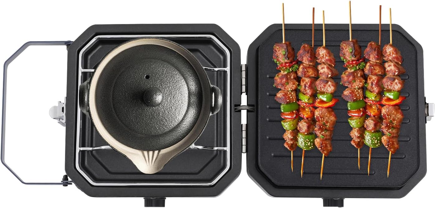 Portable 2 Burner Camping Stove, Mini Foldable Gas Camp Stove with Frying Pan, Griddle, Folding Propane Burner Adjustable for Propane, Outdoor Backpacking Cooking Kit