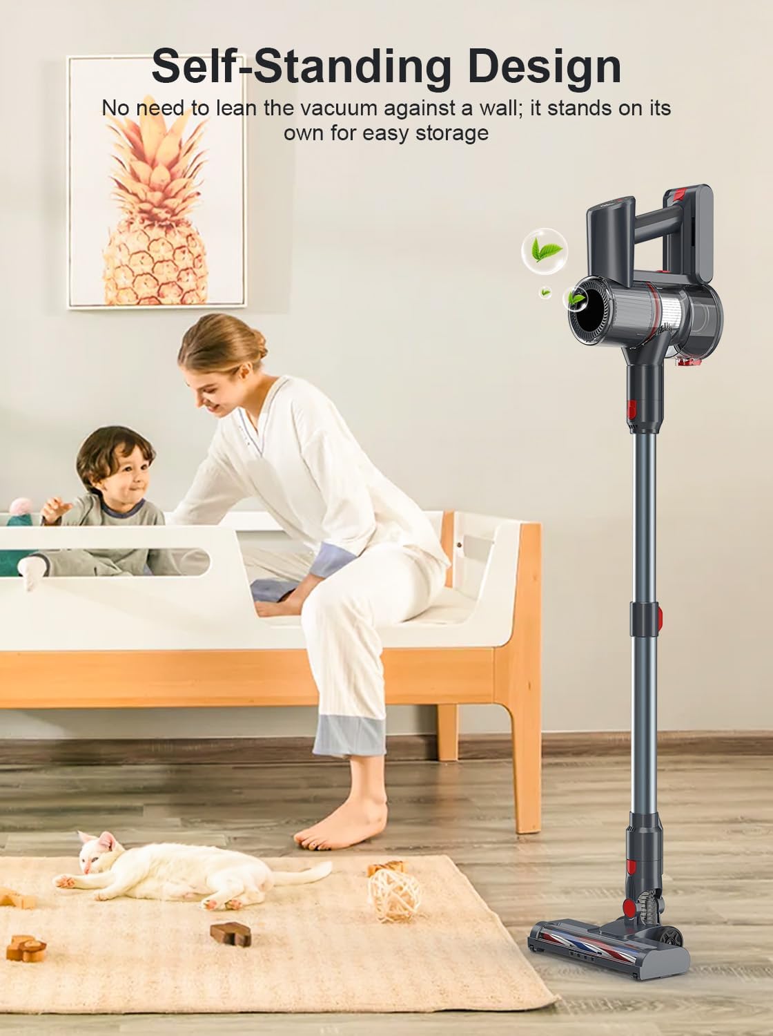 GGV Cordless Vacuum Cleaner, 300W 45KPA Suction Power, 60 Min Runtime, Self-Standing Stick Vacuum with Wall Mount Charging, 3 Modes for Pet Hair, Carpet & Floor