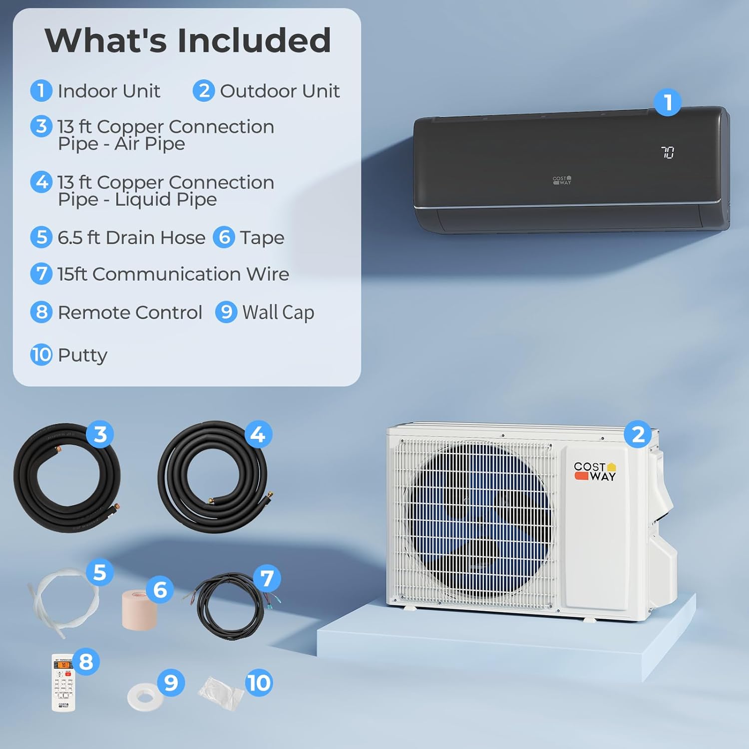 COSTWAY 12000BTU Mini Split Air Conditioner& Heater, 22 SEER2 115V Inverter Heater Pump System Cools Up to 450 Sq. Ft, Compatible with Alexa, Installation Kit (12000BTU, 115V, 22 SEER2)