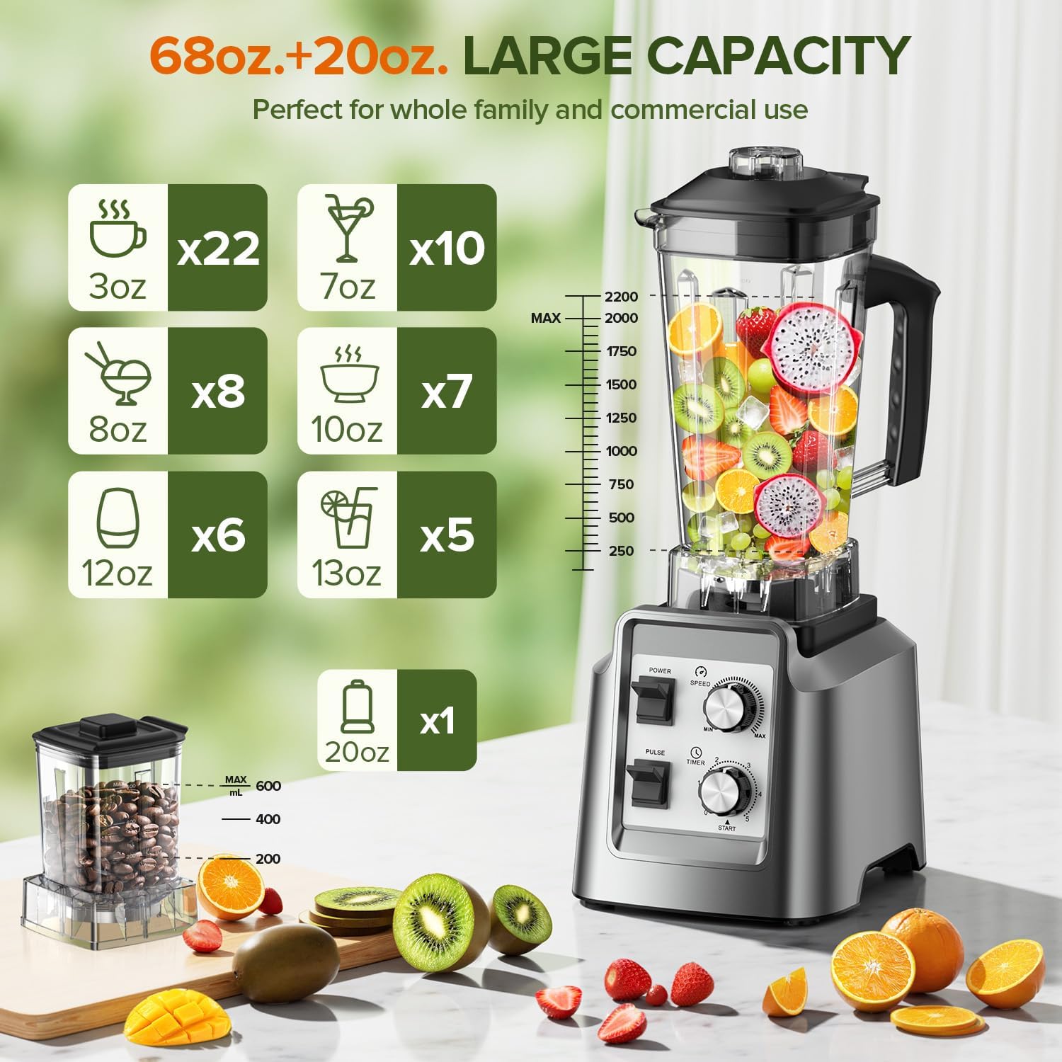 Blender, 68Oz. Countertop Blenders with 20Oz. Grinder, 28000 RPM Kitchen Blender for Smoothies, Ice Crushing, Frozen Fruits, Self-Cleaning, Speed Adjustable