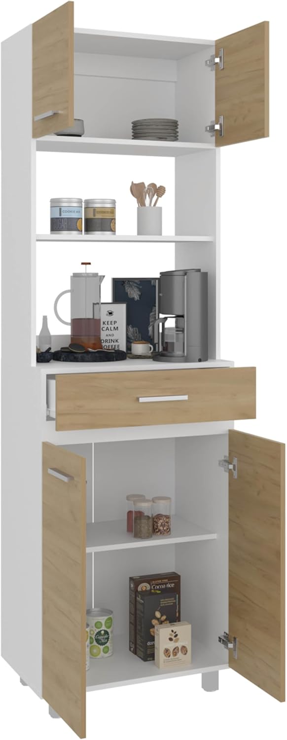 espidoo Sicilia Pantry Cabinet Kitchen Storage: Modern Dual-Door Freestanding Unit with MDF Frame & White/European Ash Finish - Organize Food Dishes & Appliances for Compact Kitchens & Laundry Rooms
