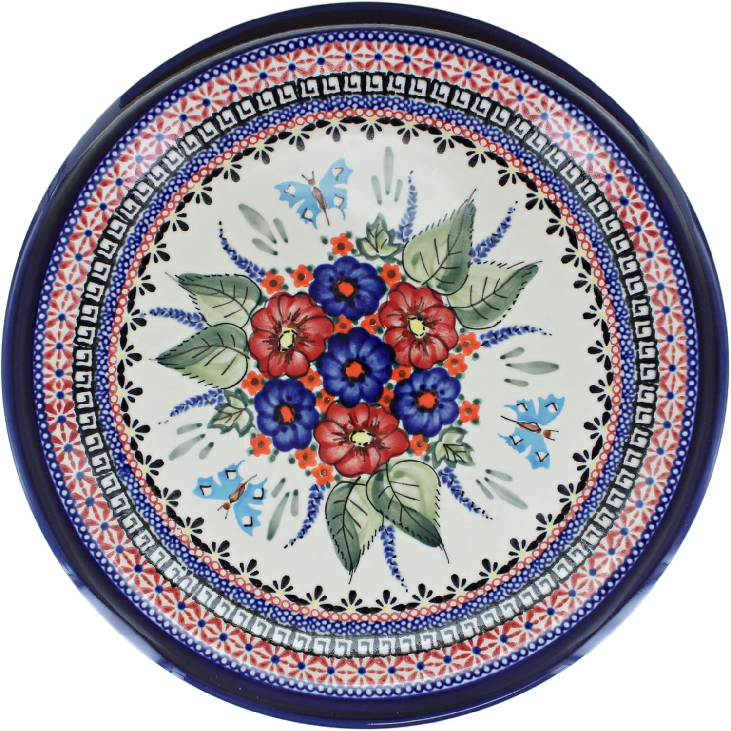 Blue Rose Polish Pottery Floral Butterfly Dinner Plate
