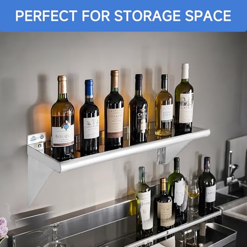 ROCKPOINT Stainless Steel Shelf 12 x 72 Inches 450lb, 2 Pack NSF Commercial Wall Mount Floating Shelving with Backsplash for Restaurant, Kitchen, Home and Hotel, Silver