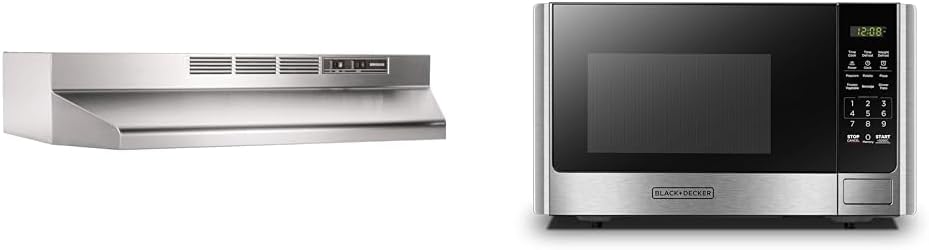 Broan-NuTone 413004 Non-Ducted Ductless Range Hood with Lights Exhaust Fan for Under Cabinet & BLACK+DECKER Digital Microwave Oven with Turntable Push-Button Door, Child Safety Lock
