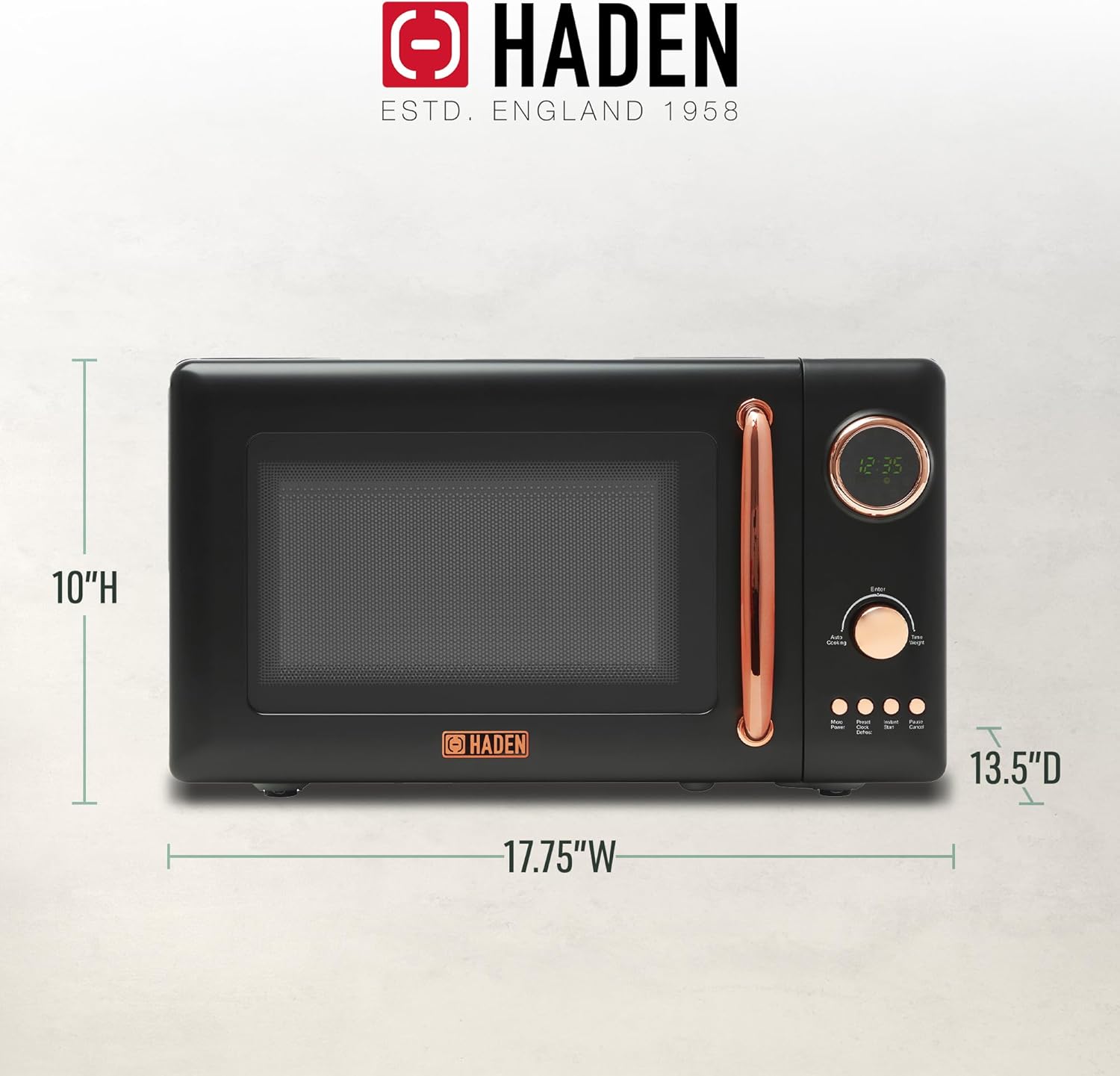 Haden 700 Watt 0.7 Cubic Foot Microwave Oven with Digital Controls, Defrost, and Instant Start Countertop Small Appliance, Black/Copper