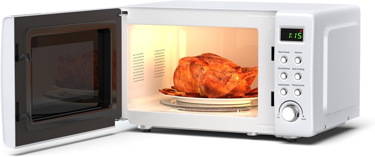 Retro Microwave Oven, SIMOE Small Countertop Microwave 0.7 cu. ft. 700W with 8 Preset Cooking Options (White)