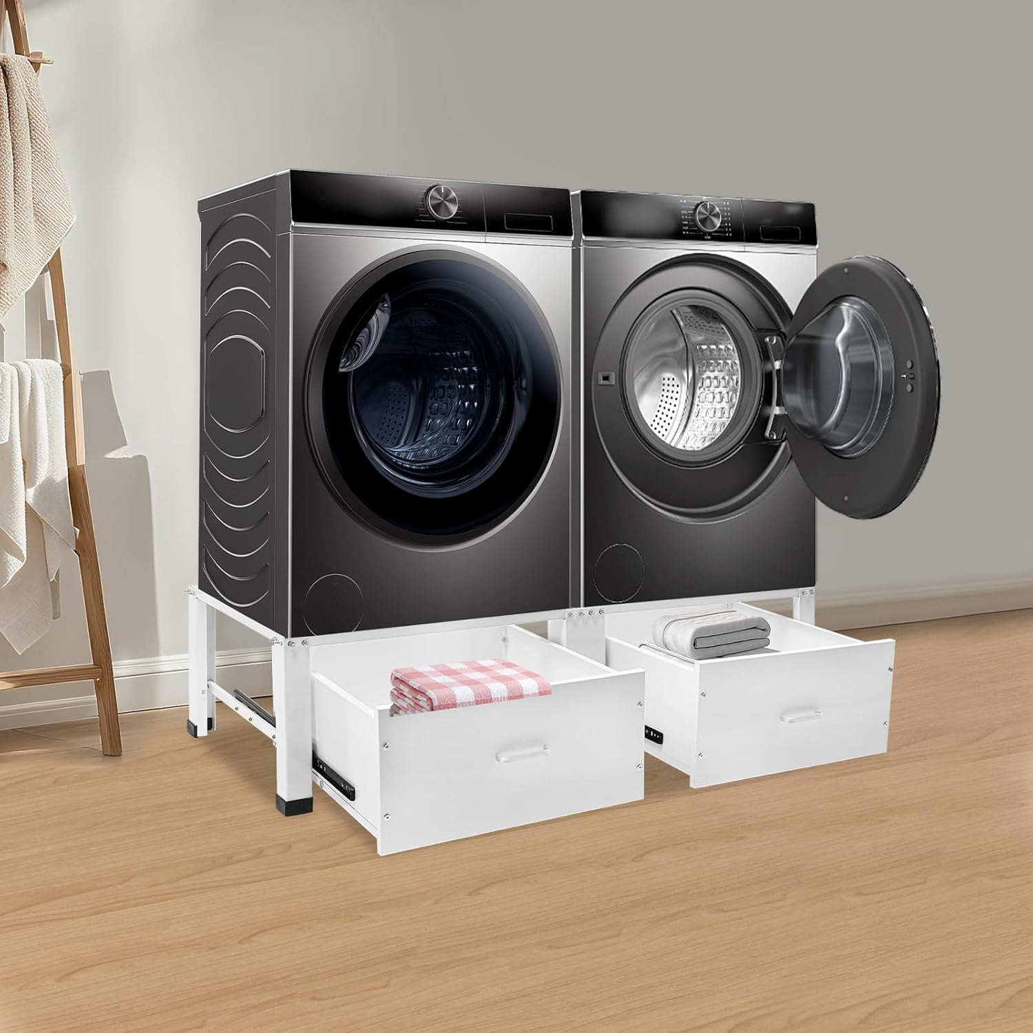 Washing Machine Base Frame with 2 Storage Drawers - Double Appliance Stand 440LB Capacity, Anti-Vibration Base for Washer Dryer Laundry Room Organization