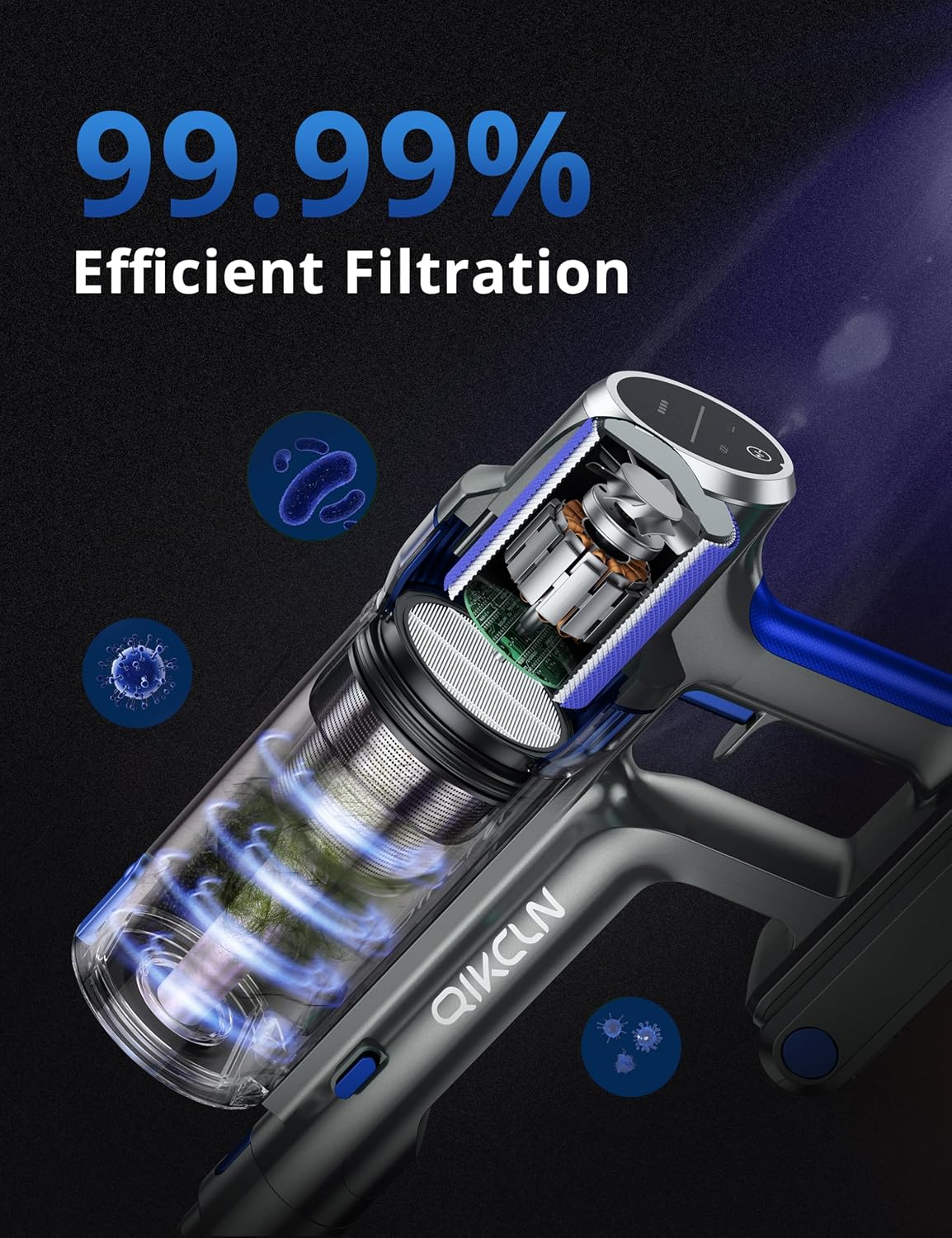 Cordless Vacuum Cleaner - 250W/30Kpa Powerful Stick Vacuum with Charging Dock, MAX 40Mins Runtime, 3 Modes, Smart LED Display, Lightweight Vacuum Cleaner for Home Pet Car- Blue