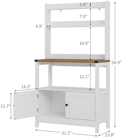 Microwave Stand Bakers Rack Cabinet, Freestanding 5-Tier Kitchen Shelves, Farmhouse Floor Hutch Door Thickened Counter,Utility Storage Shelf, Coffee Bar(White and Brown)