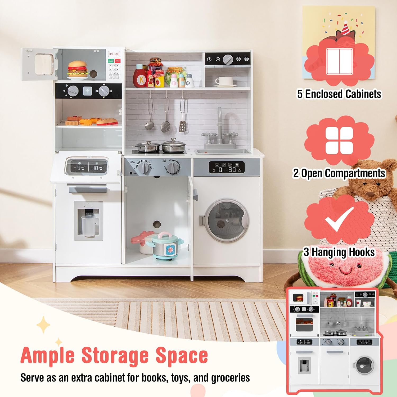 Costzon Kids Kitchen Playset, Wooden Toddler Play Set w/Real Lights & Sounds, Sink, Faucet, Water Dispenser, Microwave, Oven, Washing Machine, Little Chef Pretend Play Kitchen for Kids Ages 3+(White)