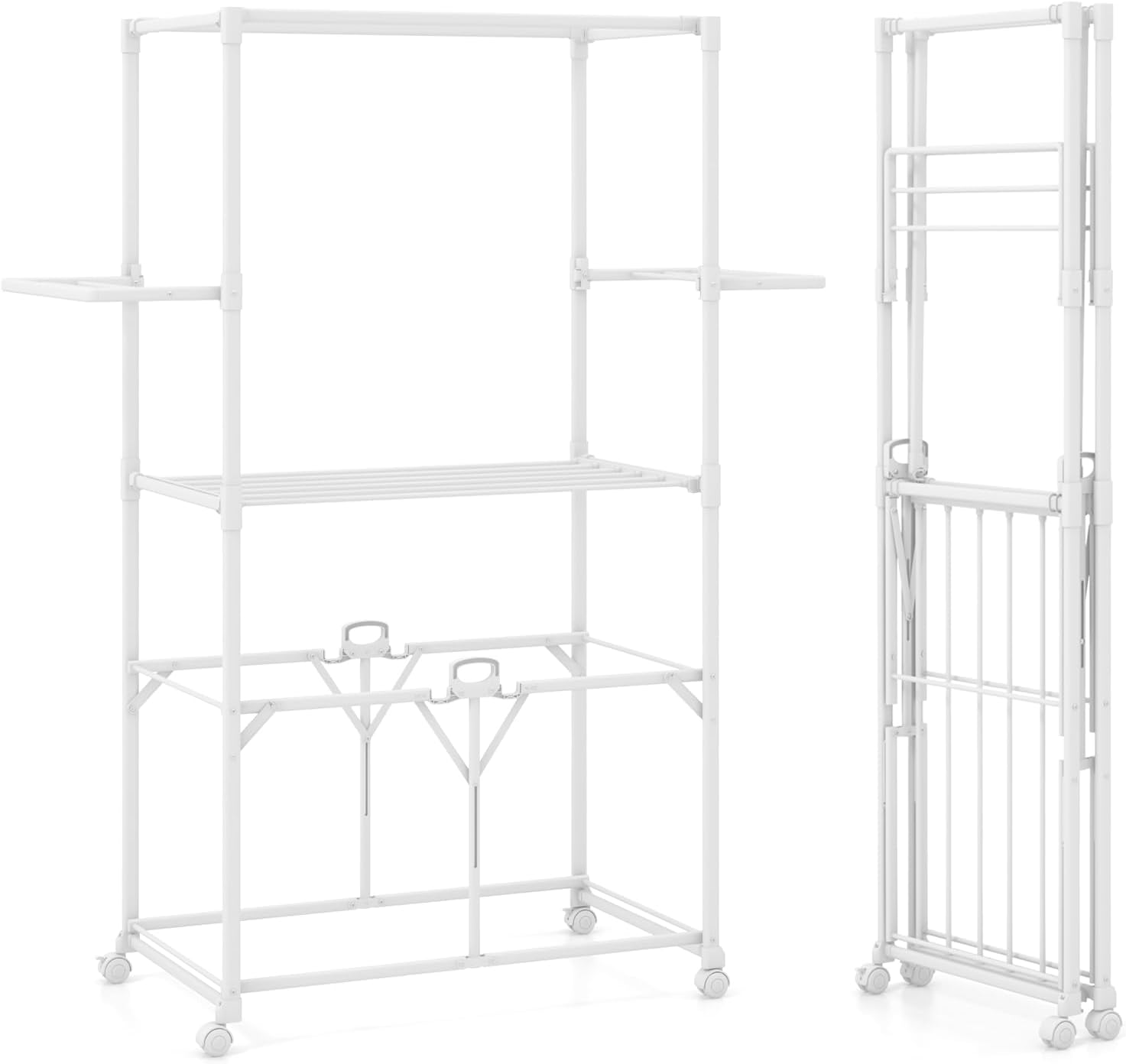Giantex Clothes Drying Rack with Wheels, Collapsible Laundry Rack with 2 Folding Side Shelves & Detachable Middle Shelf, Moveable Laundry Garment Dryer Stand Dryer Rack for Apartment Indoor Outdoor