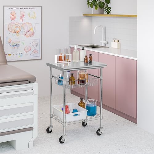 Seville Classics Commercial Work Table Island Utility Cart Prep Station, for Restaurant, Kitchen, Warehouse, Garage, Hotel, Home, Stainless-Steel Top NSF , 24