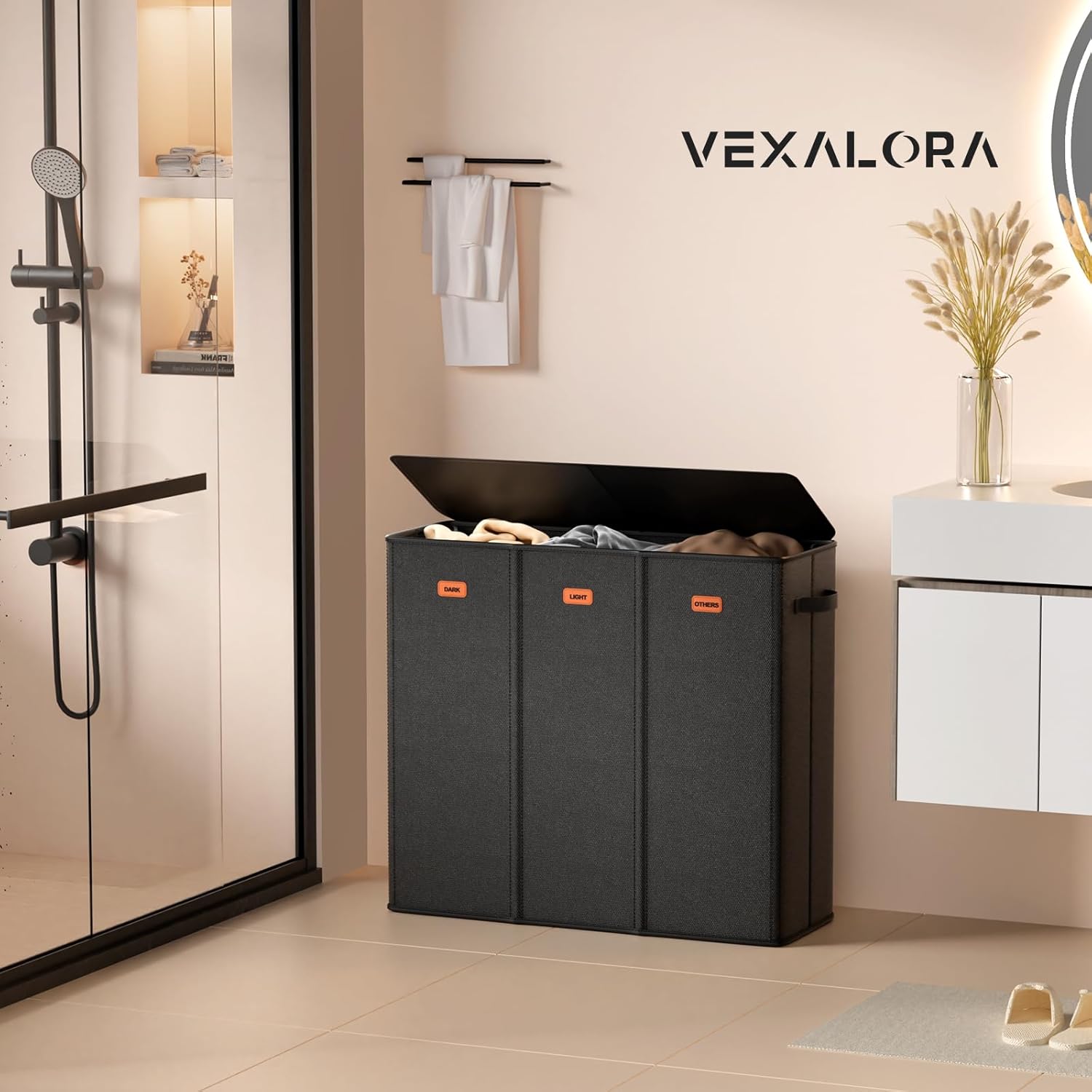 185L Laundry Hamper 3 Section, Laundry Hamper with Lid, Dirty Clothes Hamper with 3 Removable Washing Bags, Extra Large Laundry Basket Organizer for Bedroom, Laundry Room, Dorm - Black