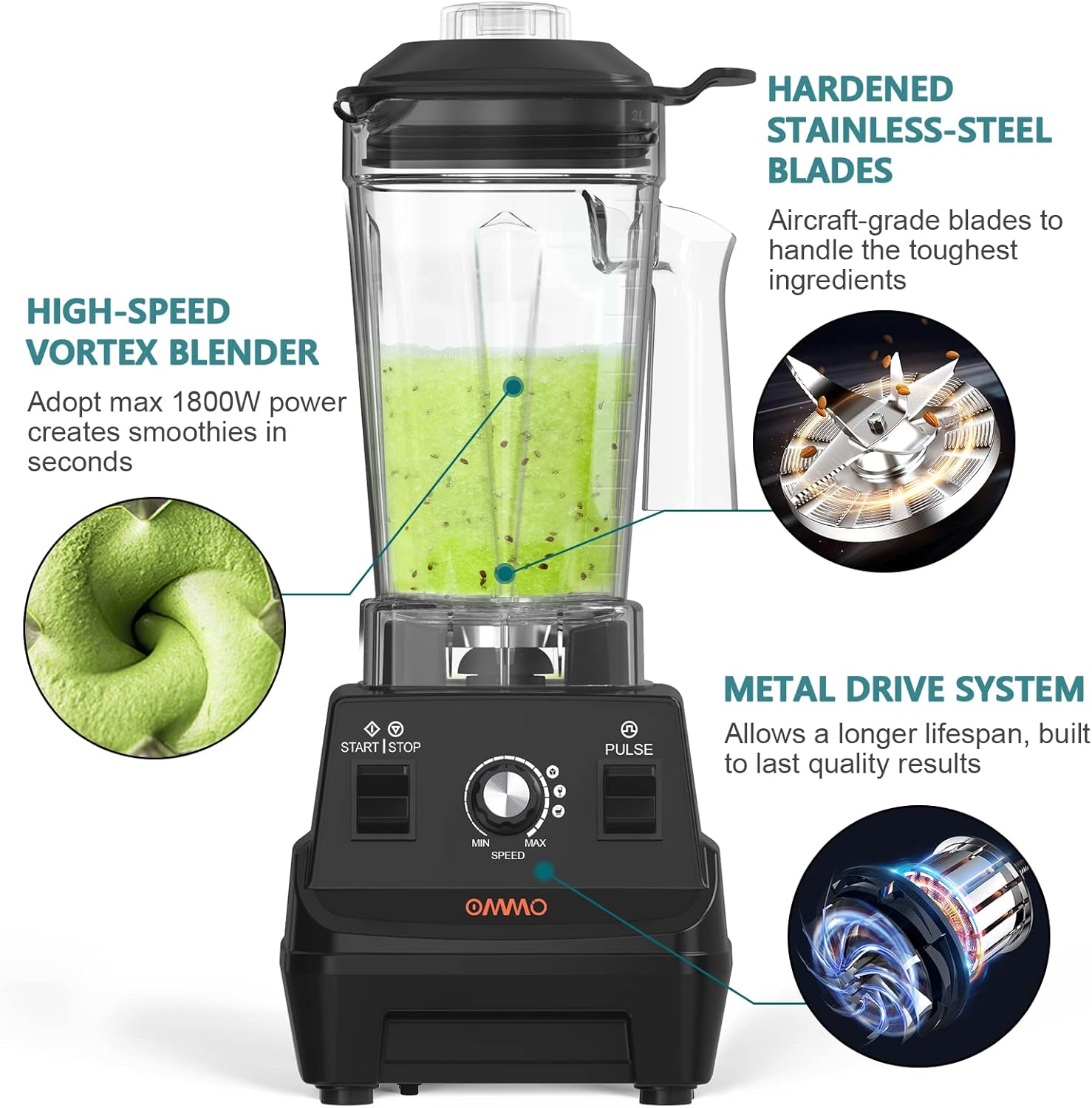 OMMO Blender 1800W, Professional High Speed Countertop Blender with Durable Stainless Steel Blades, 60oz BPA Free Blender for Shakes and Smoothies, Nuts, Ice and Fruits, Dishwasher Safe