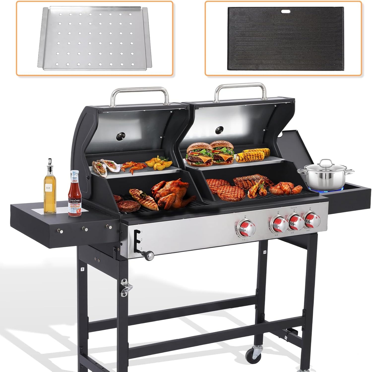 CIG GARDEN Gas and Charcoal Combo Grill, 3 Burner Propane Gas Grill with Side Burner, Cast Iron Grates Outdoor Barbecue Grill with 41,500 BTU Output, Perfect for Outdoor Cooking, Balcony, Camping
