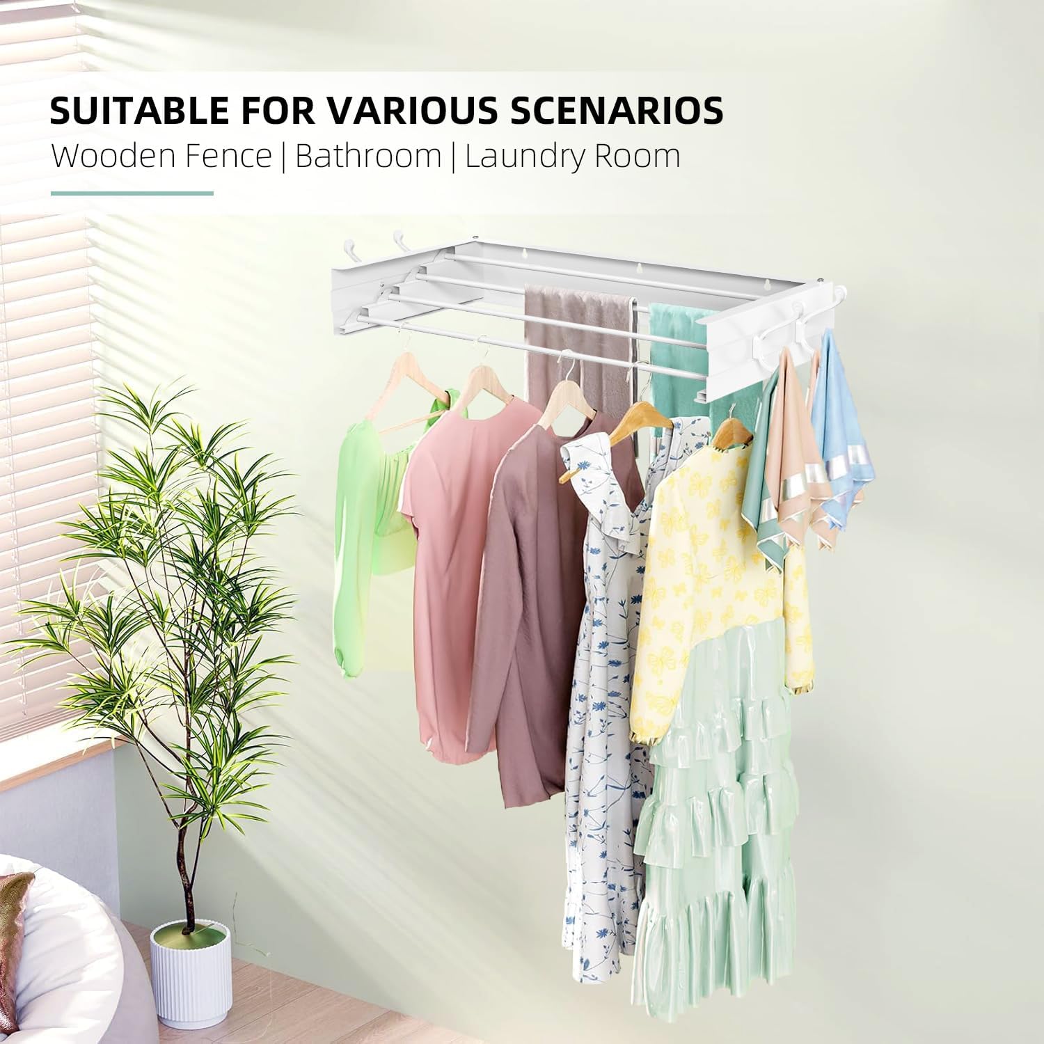 Laundry Drying Rack, Collapsible Wall Mounted Clothes Drying Rack - Foldable,Space Saving, 13.2 Linear Ft, 4 Aluminum Rods, 60 lb Capacity (White, 23.6