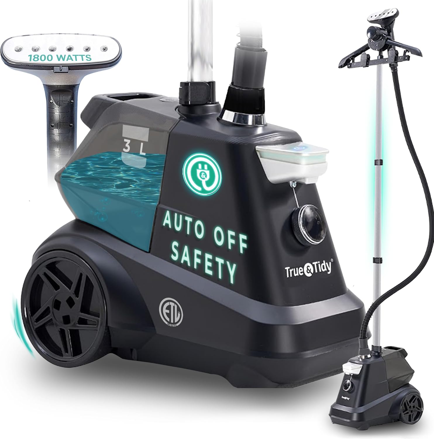 True & Tidy® Auto-Off Safety Heavy-Duty Industrial1800W Garment Steamer with XL 3L Tank, 90+ Min Continuous Steam, Low Water Sensor, 3 Steam Settings, Step-On/Off Control, Wheels for Easy Movement