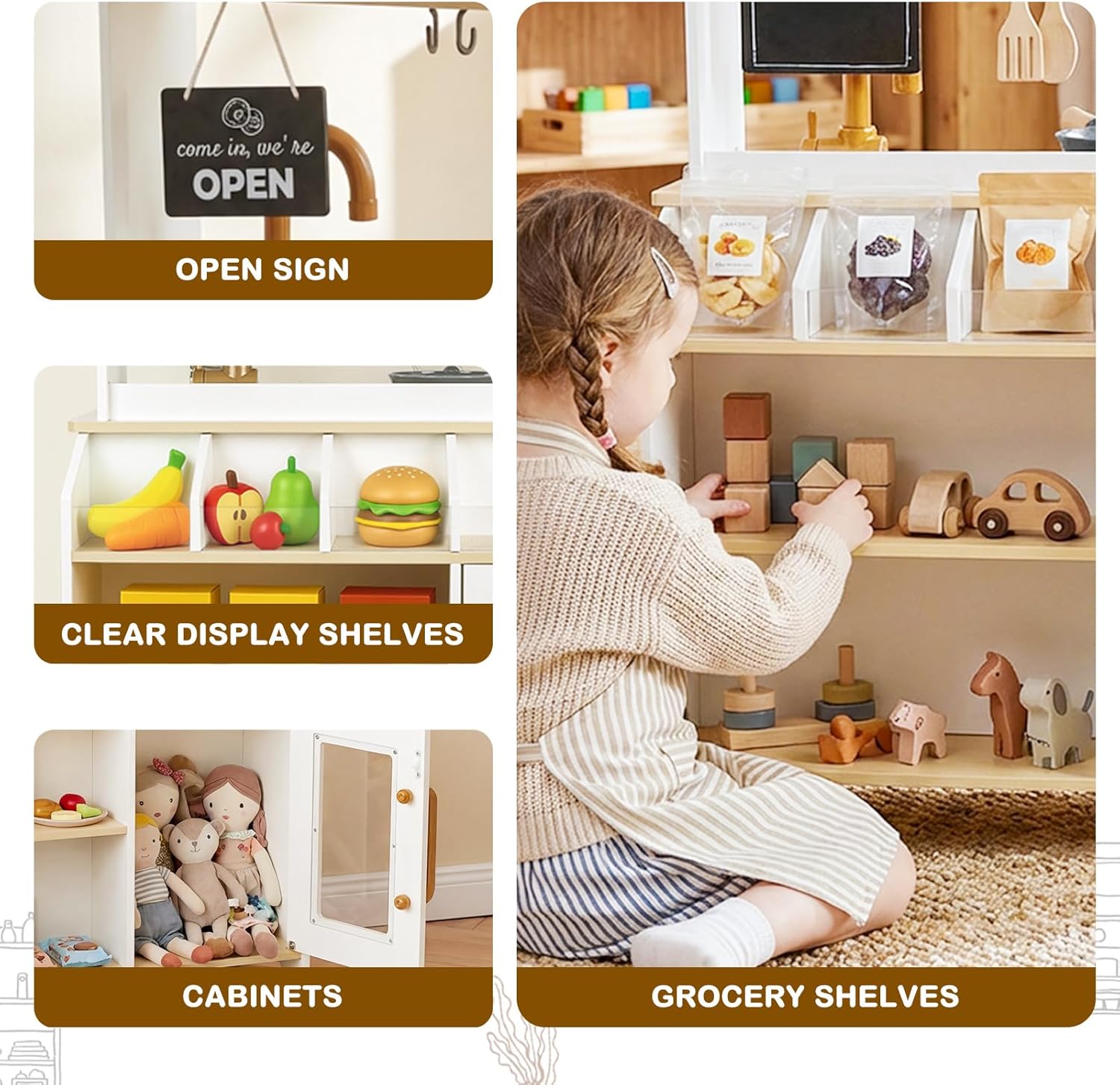 Dual-Sided Play Kitchen for Kids Toddlers, 2-in-1 Grocery Store&Wooden Toy Kitchen Set with Coffee Machine,Pretend Kitchen Play Set with Microwave, Oven, Gift for Boys Girls