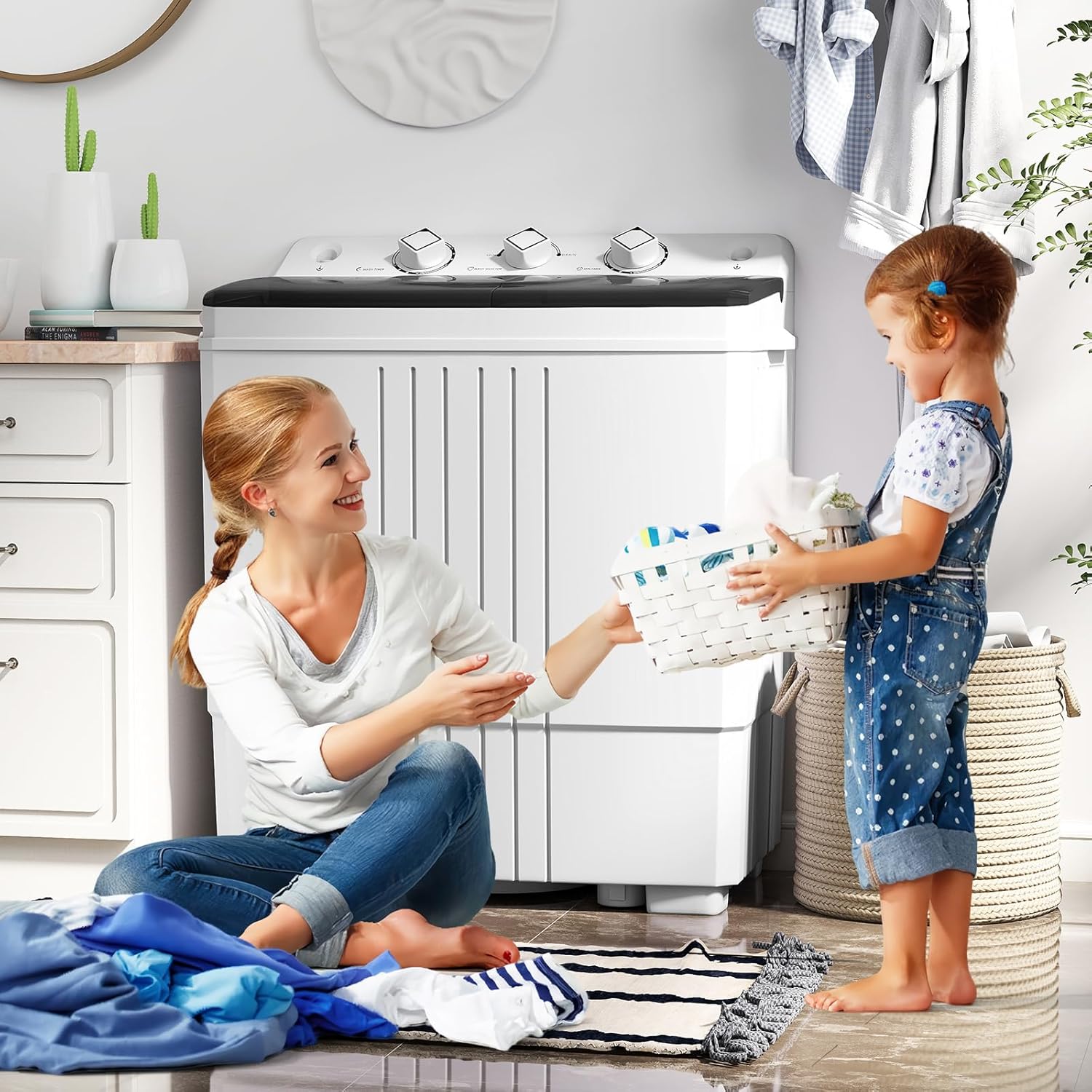 COSTWAY Portable Washing Machine, Twin Tub 20 Lbs Capacity, Laundry Washer 12 Lbs and Spinner 8 Lbs with Drain Pump, Timer Control, Perfect for Apartment Dorm RV, Black