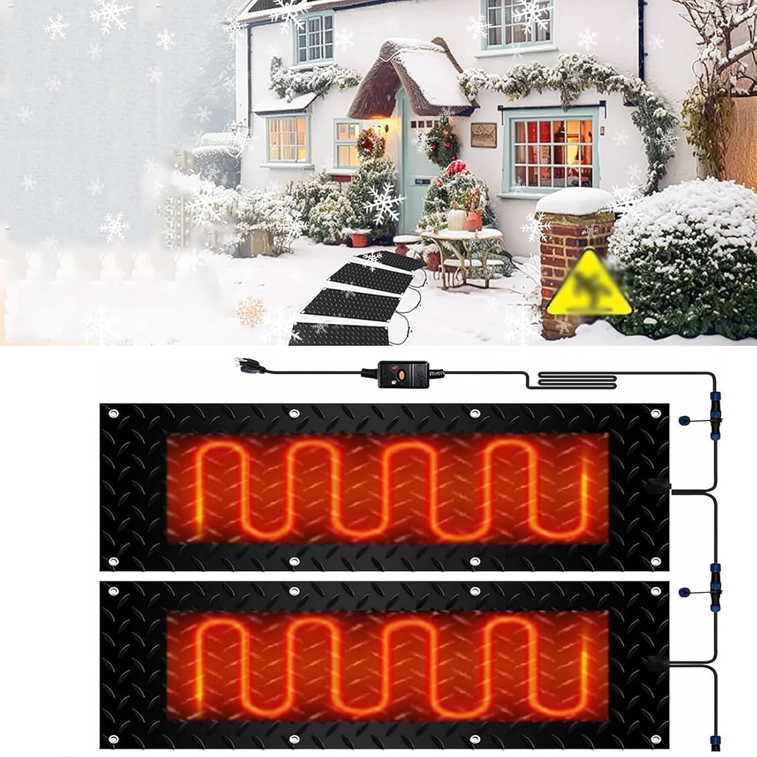 Snow Melting mats Outdoor Driveway, Slip-Proof Entrances Walkway Mat, Heated Snow Melting Mats for Stairs, 2 in/h Melting Speed with Power Cord and Connecting line,2 Pcs-25.4x120cm/10x48in