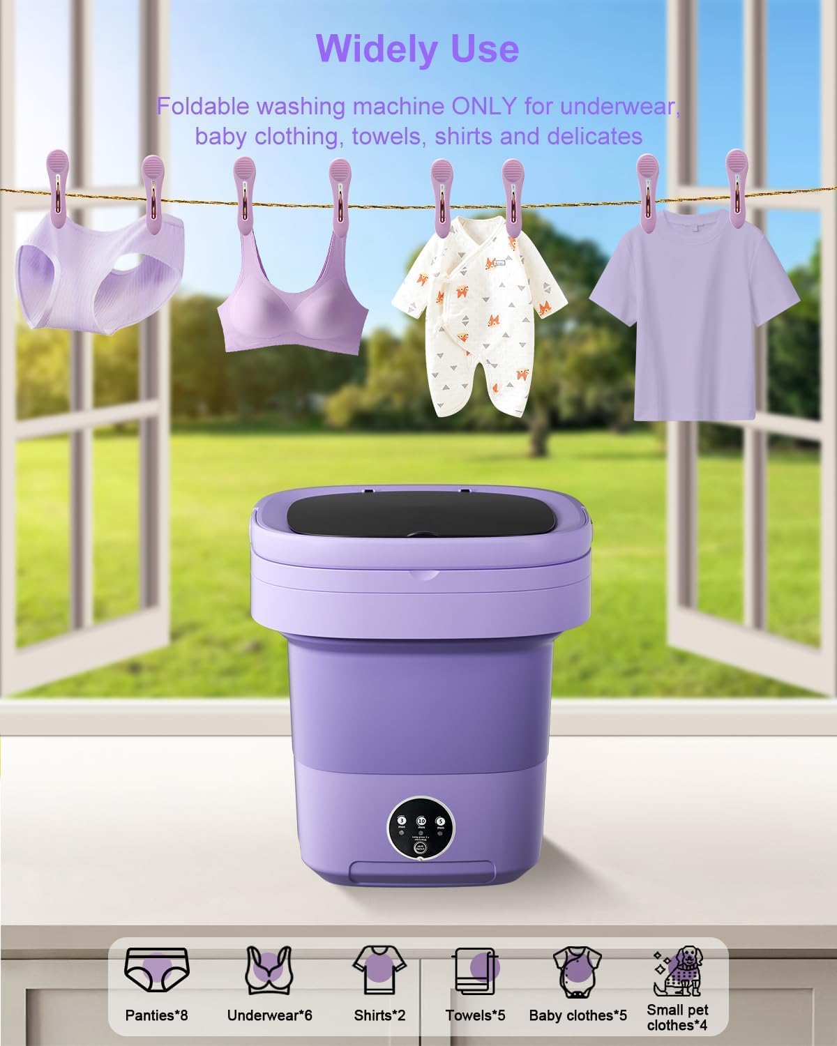 16L Portable Washing Machine, Small Portable Washer and Dryer Combo Mini Foldable Washing Machine Collapsible Bucket with Drain Basket for Apartment, Underwear, Socks, Baby Clothes (Purple)