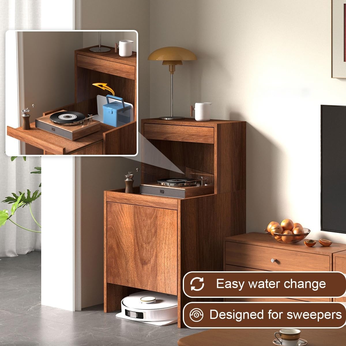 Robot Vacuum Hidden Cabinet with Doors and Drawers, Sweeping Robot Storage Organizer for Living Room, Bedroom, Kitchen, Solid Wood Structure, Easy Water Changing(Yellow)