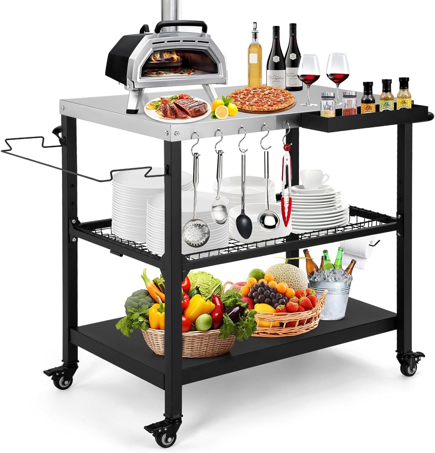 Outdoor Grill Cart,36 Inch Stainless Steel Pizza Oven Table with Lockable Wheels, Hooks & Adjustable Mesh, Metal Kitchen Cart Island, Black(36.2'' D x 19.6''W x 31.4''H)