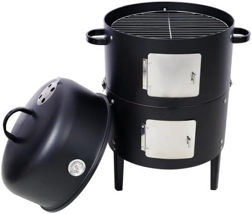 LuckyNote 17 Inch Steel Charcoal Smoker, Heavy Duty Round BBQ Grill for Outdoor Cooking, Black