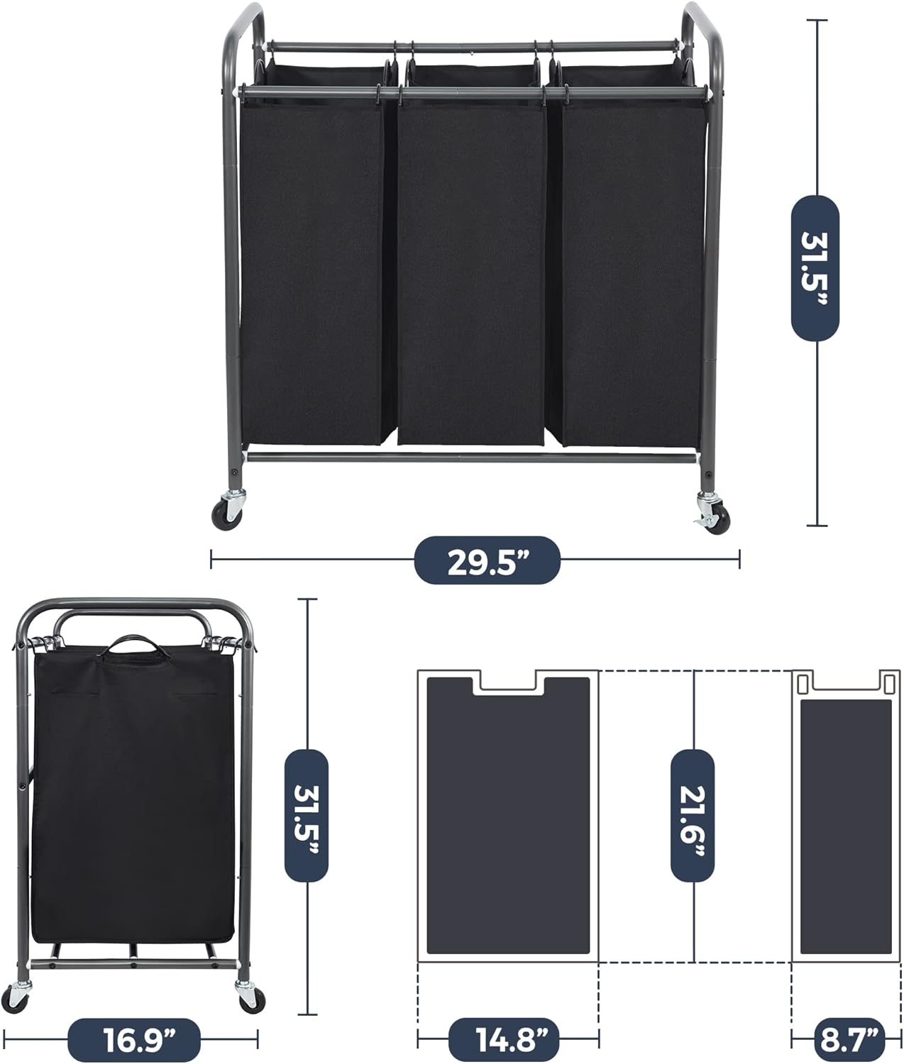 STO STO Laundry Sorter 3 Section, 3 Bag Clothes Hamper, Rolling Laundry Cart Basket with Heavy Duty Lockable Wheels and Removable Bag for Laundry Room, Bedroom, Closet, Black