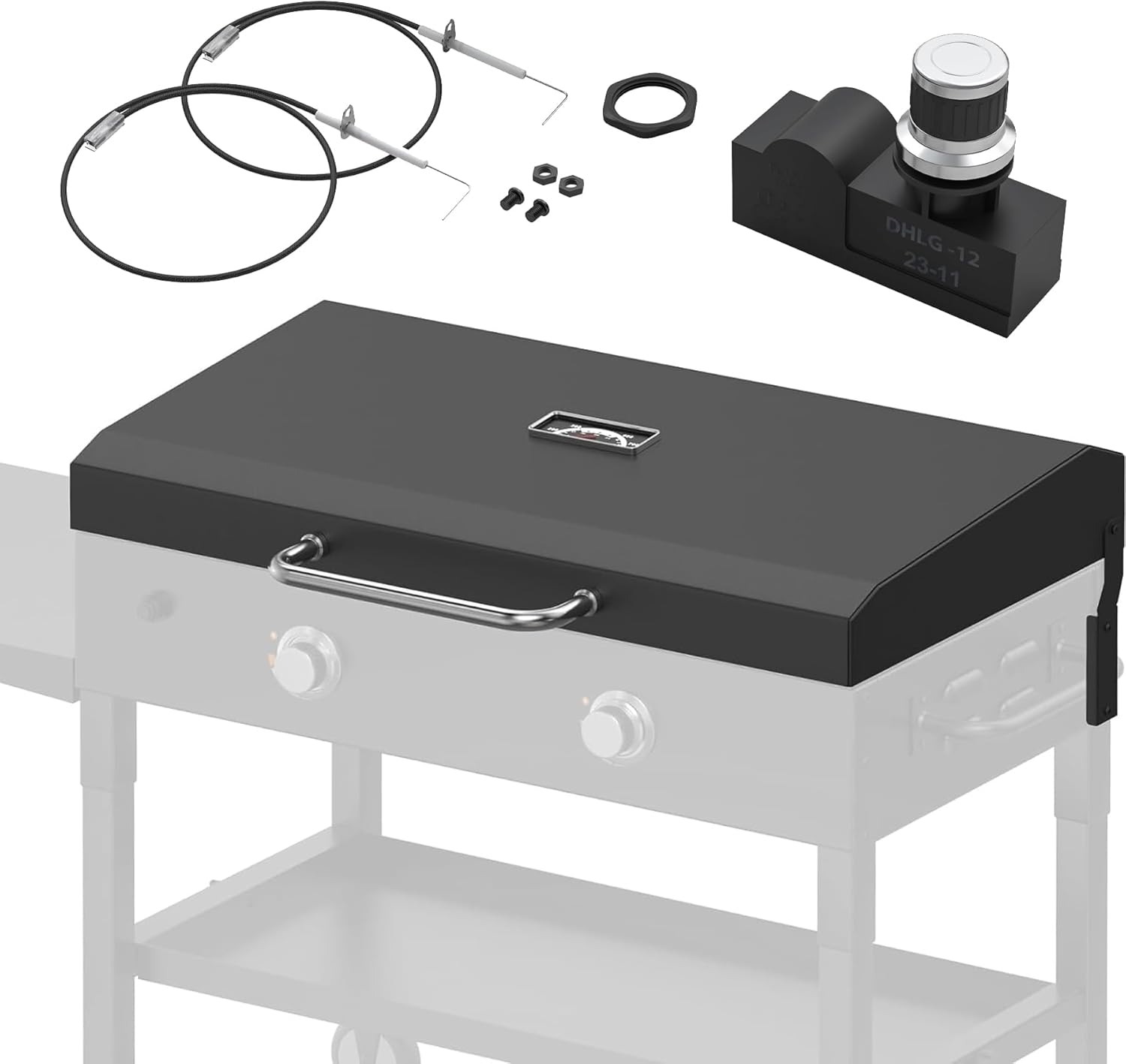 2 Outlet Electronic Grill Igniter and Hinged Griddle Lid Hood for 28-inch Blackstone Griddle, Universal AA Battery Cover Spark Igniter Replacement Kit, Hinged Lid Griddle Hood