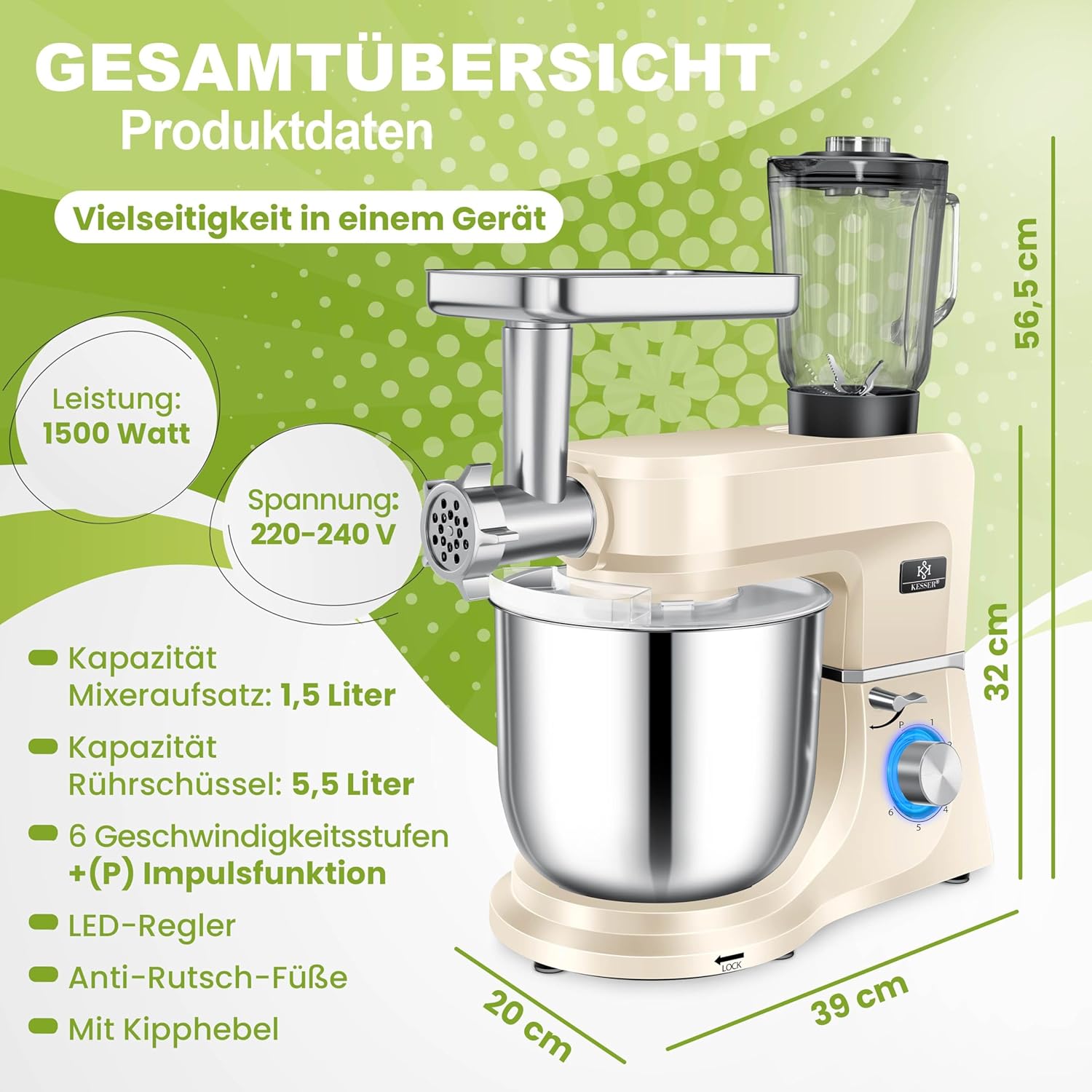 KESSER® K-KM 3000 Universal 3-in-1 Food Processor with Meat Grinder, Kneader | Multi-Function Blender | 1.5L Juice Extractor, Sausage Kit, Pasta and Biscuit Moulds, Cream