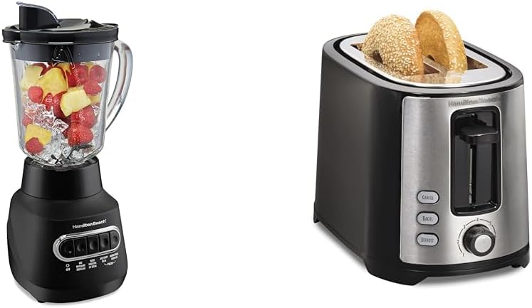 Hamilton Beach 58175 Quiet Blender for Shakes and Smoothies, Puree & 2 Slice Extra Wide Slot Toaster with Bagel & Defrost Settings