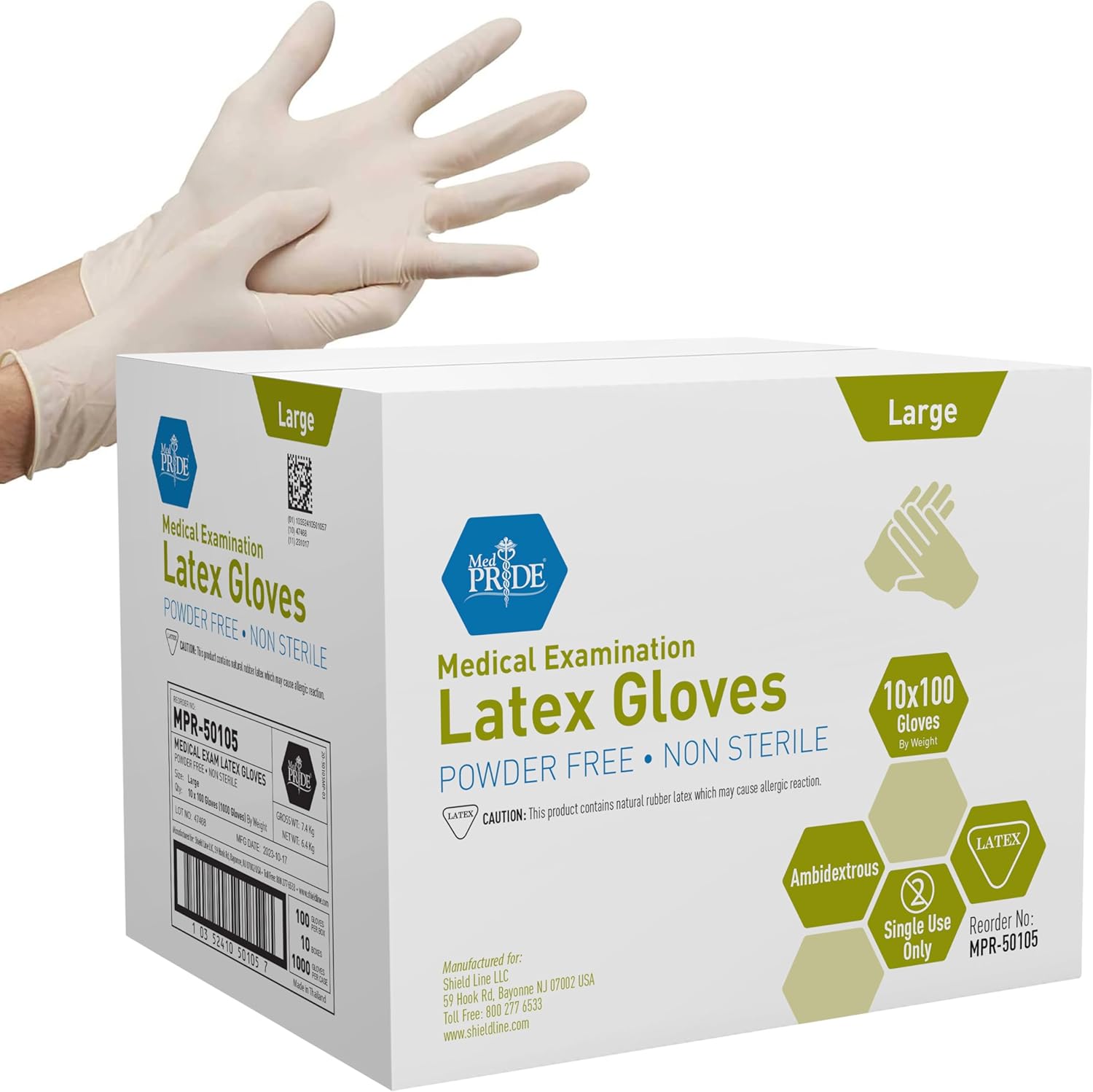 MED PRIDE Medical Latex Examination Gloves (Large, 1000-Count) Ultra-Strong 5 mil Thick, Disposable Powder-Free Gloves for Healthcare & Food Handling Use