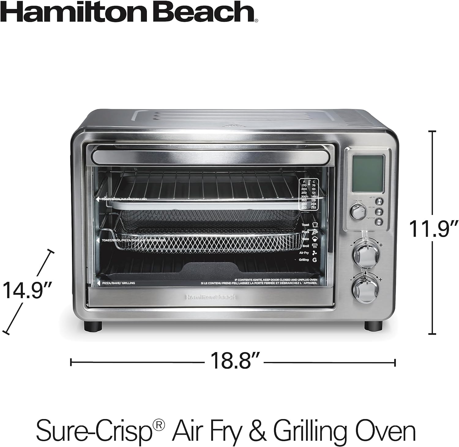 Hamilton Beach 6-in-1 Sure Crisp Air Fryer Toaster Oven Combo & Electric Indoor Grill, 450 F Searing Temp, Bake, Broil, Toast and Pizza Function, .88 cu. ft., 6 Slice Capacity, Stainless Steel (31395)