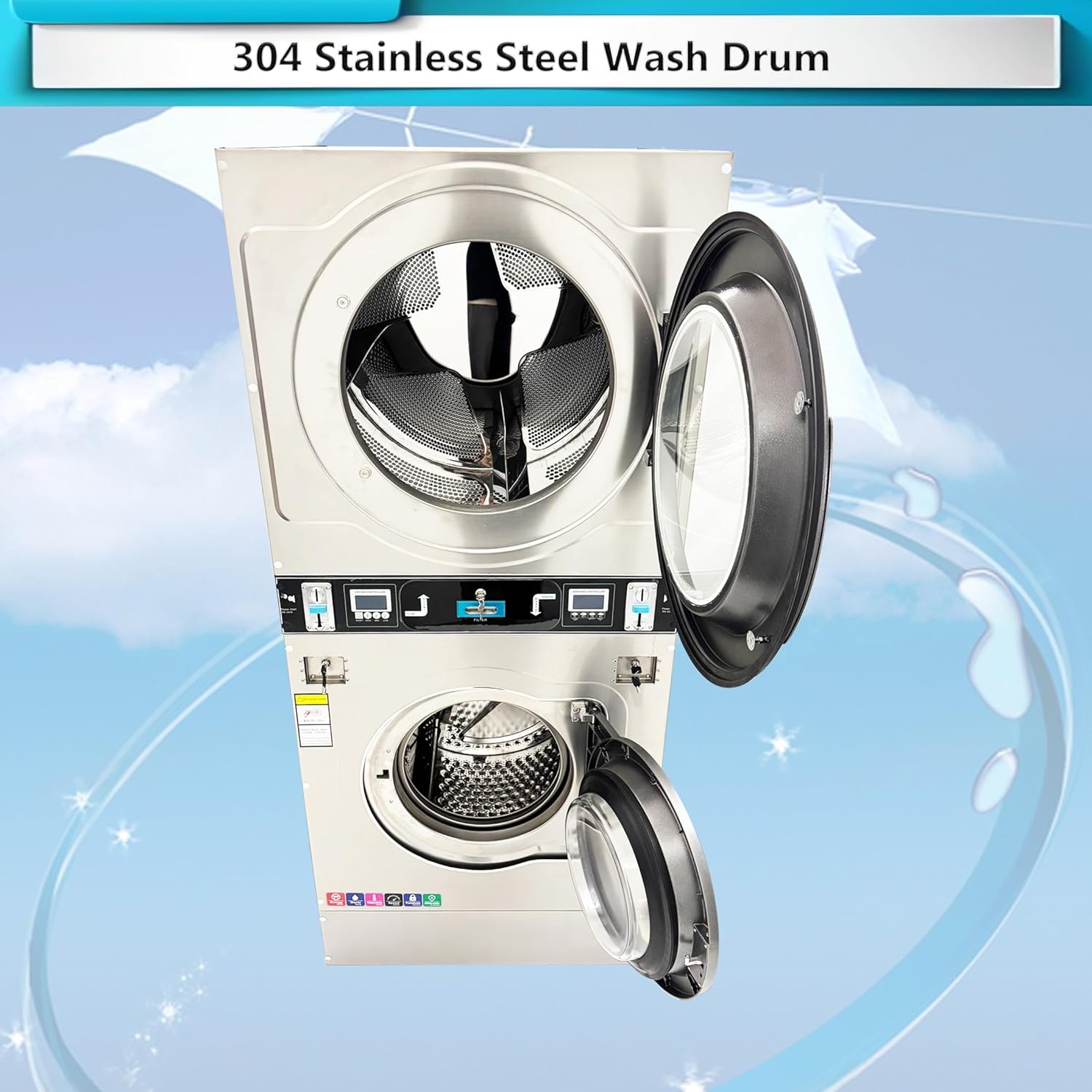 INTSUPERMAI Coin-Op Washer Dryer Combo 26.4lbs Washer Dryer Combo Automatic Laundry Washer Spinner Dryer Machine 304 Stainless Steel Drum, Front-Load & Top Vent for Laundromats/Apartments/Gyms 220V