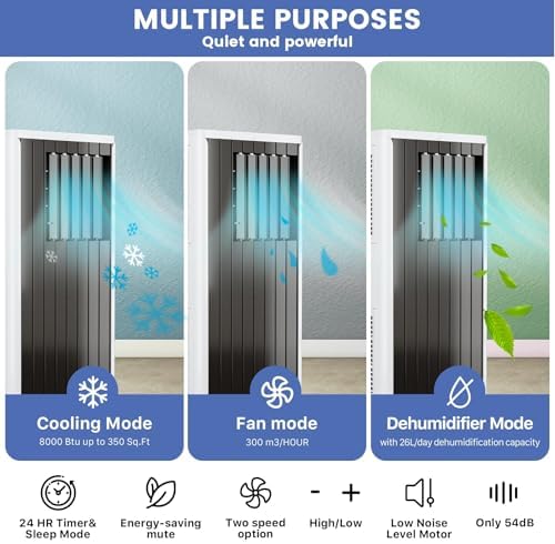 Portable Air Conditioner,3-in-1 Air Conditioner Portable with Built-in Dehumidifier Function, Fan Mode, Remote Control,Comprehensive Window-Mounted Exhaust Kit，8000Btu Air Conditioner for Rooms,
