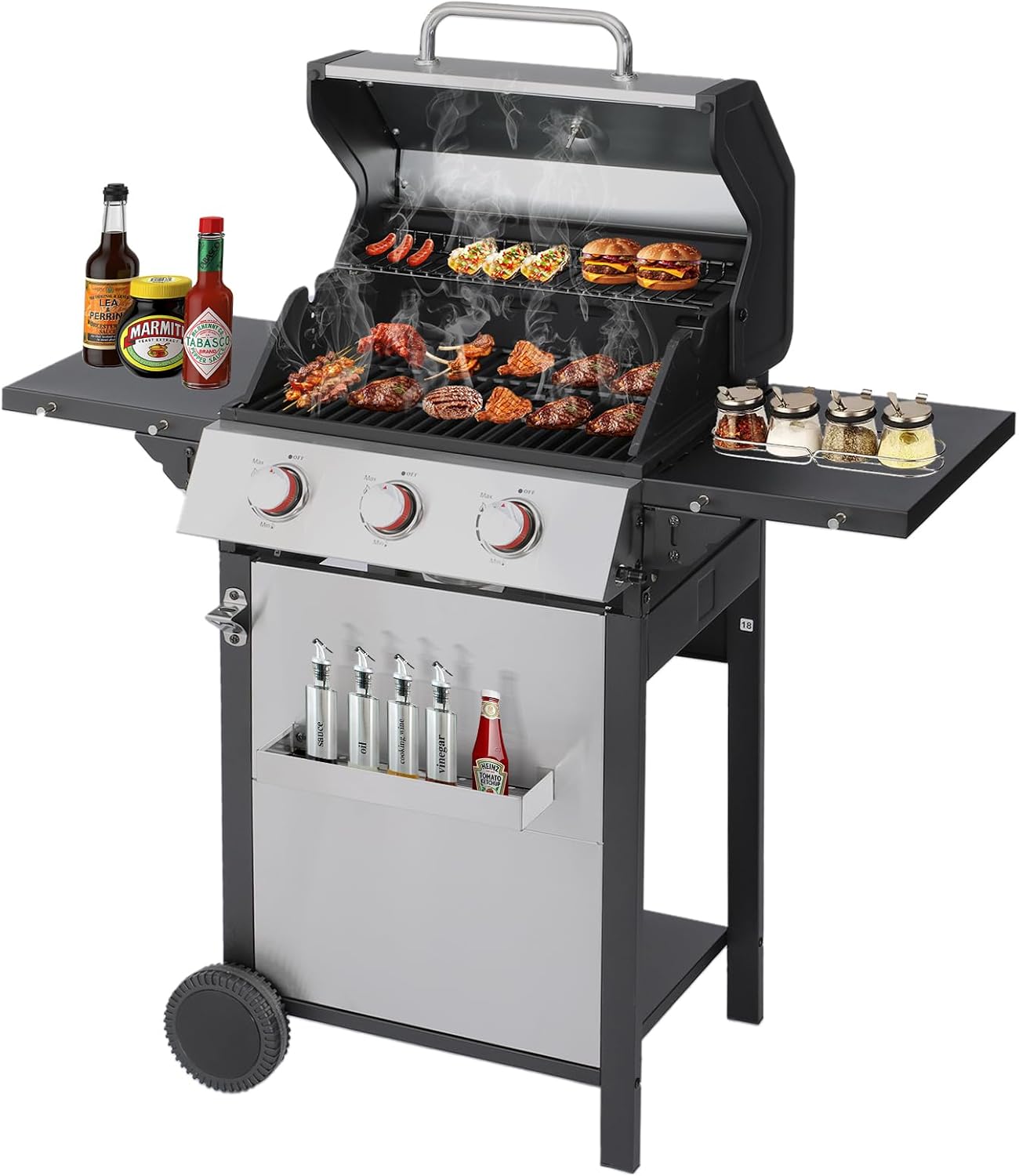 CIG GARDEN 3-Burner Propane Gas Grill,Outdoor Gas Barbecue Grill with 2 Foldable Side Tables,Double-layer Stainless Steel Grill Lid with Cast Iron Grates,31500 BTU Output BBQ Grill for Camping