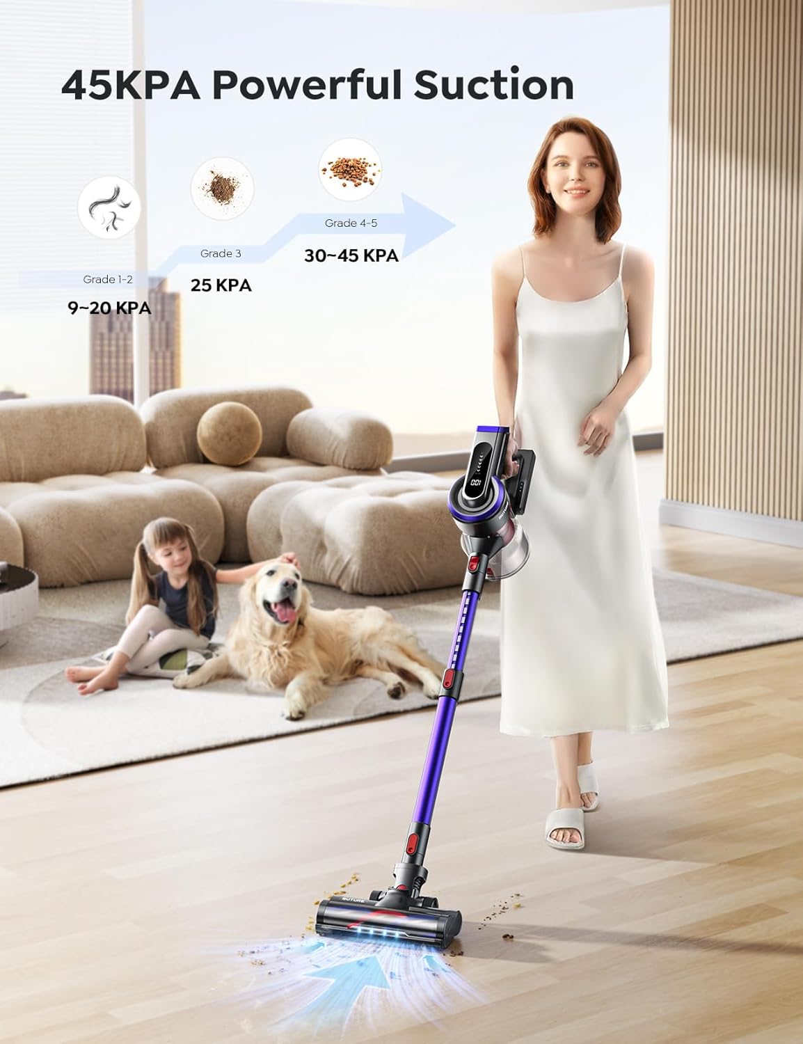 Cordless Vacuum Cleaner, 550W 45Kpa Vacuum Cleaners for Home with 5 Suction Modes, Vacuum Cleaner with Max 60Mins, Stick Vacuum Cordless for Hardwood Floor Carpet Pet Hair