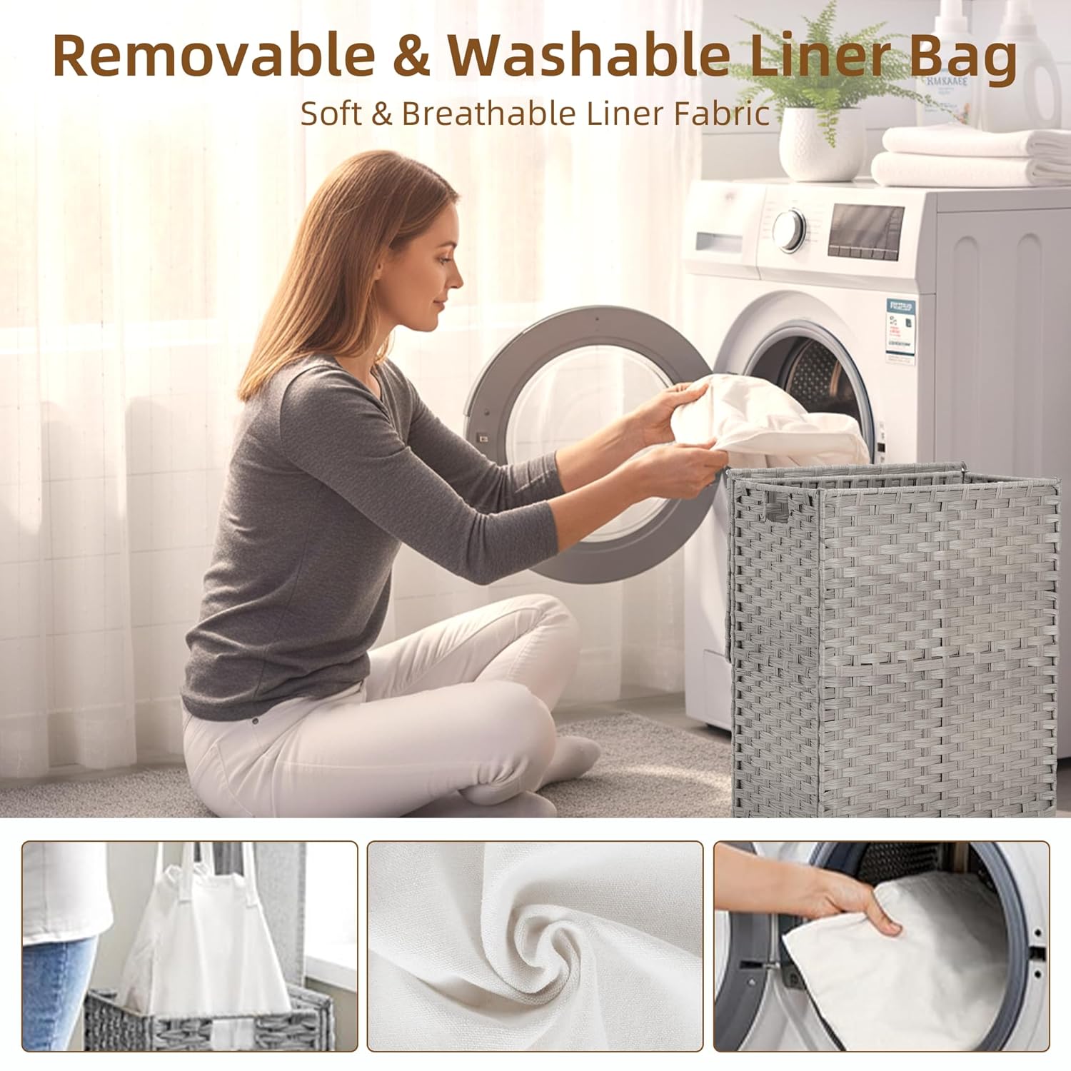 Woven Laundry Basket with Lid, Large Hamper with Removable and Machine-Washable Liner, Foldable Rattan Clothes Hamper, Sturdy Steel Frame, Odor Control, 90L Capacity, Dove Gray