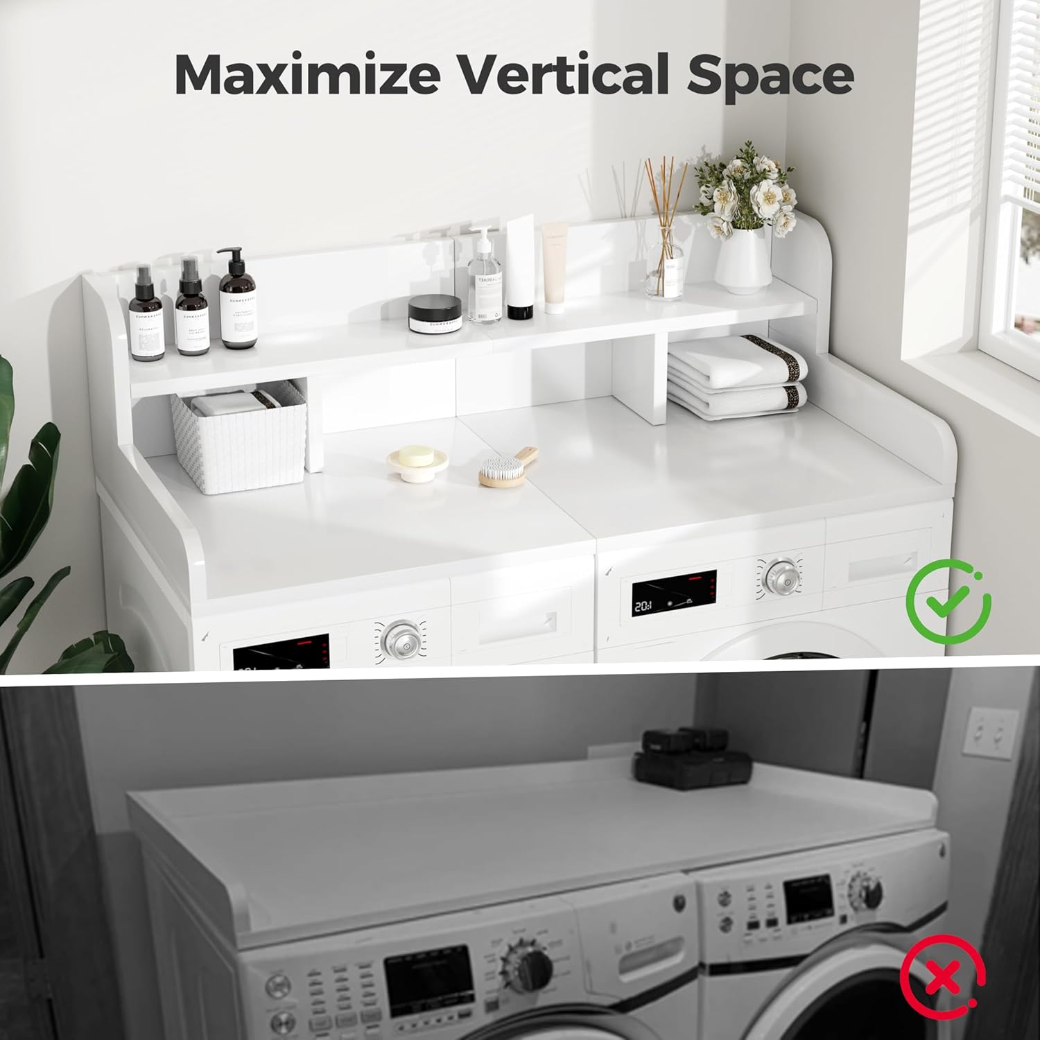 Washer Dryer Countertop, 2-Tier Laundry Countertop Over Washer and Dryer with Edge Rails & Non-Slip Pads, 54
