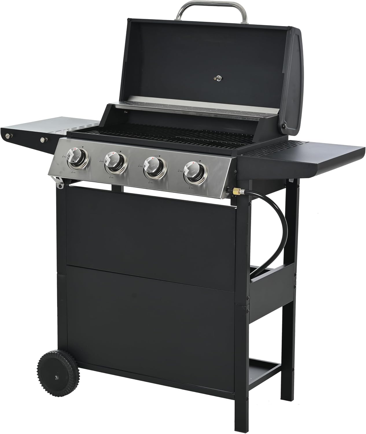 Propane Gas Grill 4 Burner Stainless Steel Grill with Two Side Table&Thermometer, 2 Casters&Cover Lid, 34,200 BTU Output Stainless Steel Grill for Outdoor BBQ, Camping, Outdoor Cooking Garden Kitchen